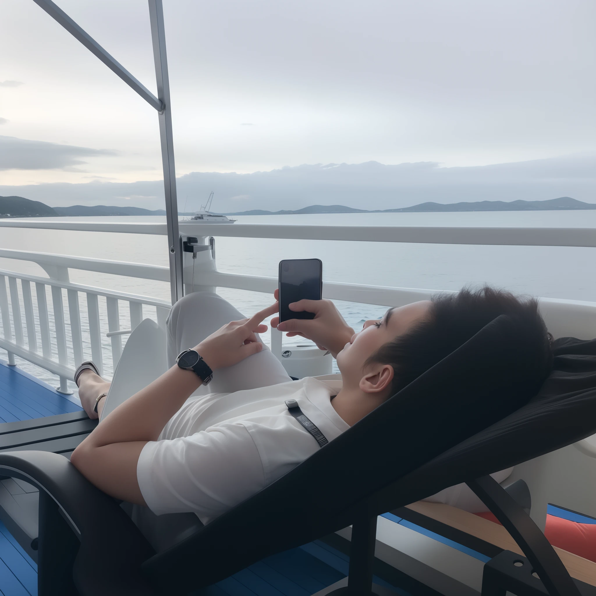 arafed man sitting in a chair on a deck with a cell phone, chill time. good view, looking at his phone, he is very relaxed, relaxing after a hard day, vacation photo, during sunrise, shot with iphone 1 0, taken with sony alpha 9, on a boat, relaxing on a yacht at sea, shot on iphone 1 3 pro max