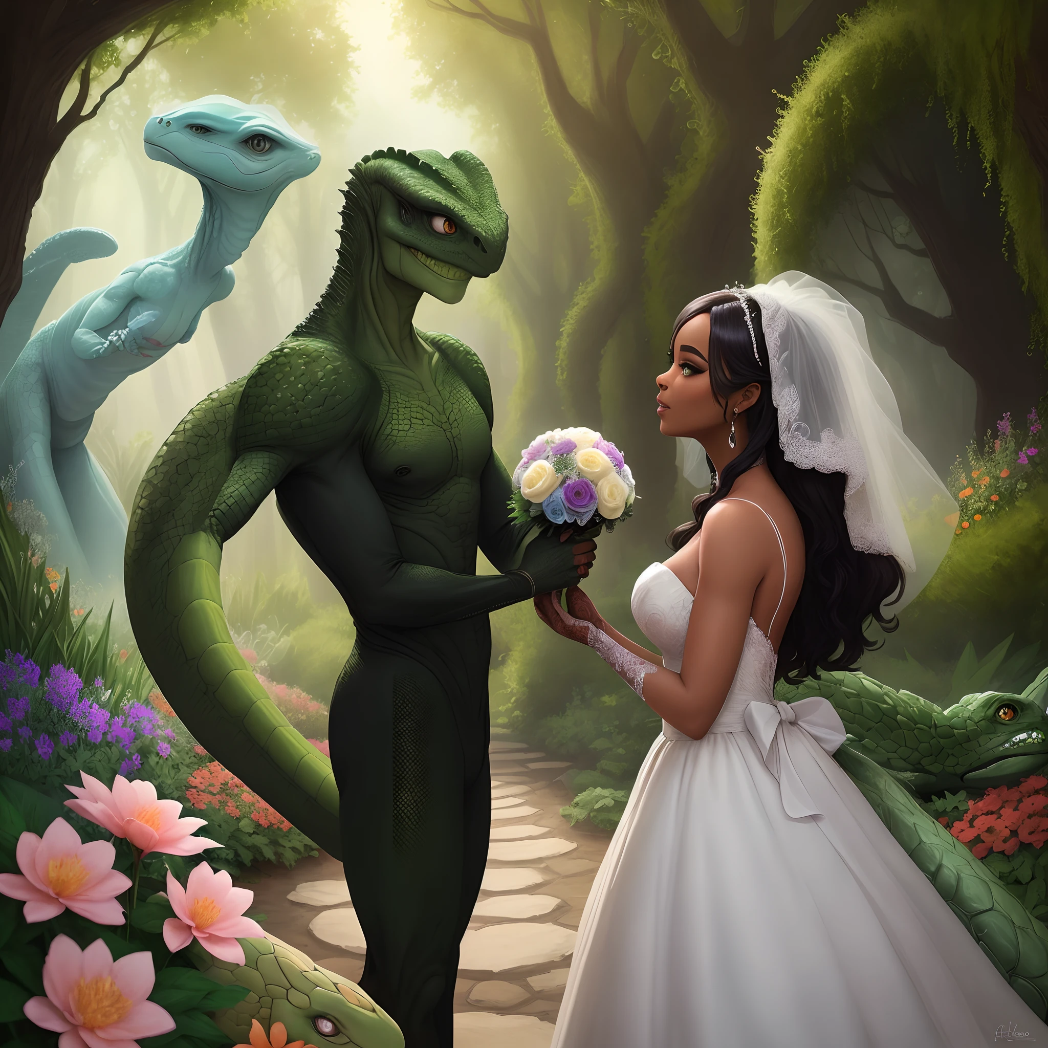 "Draw a futuristic scene where a radiant human bride marries an elegant reptilian alien amidst an intergalactic garden, surrounded by exotic flowers and curious alien creatures."