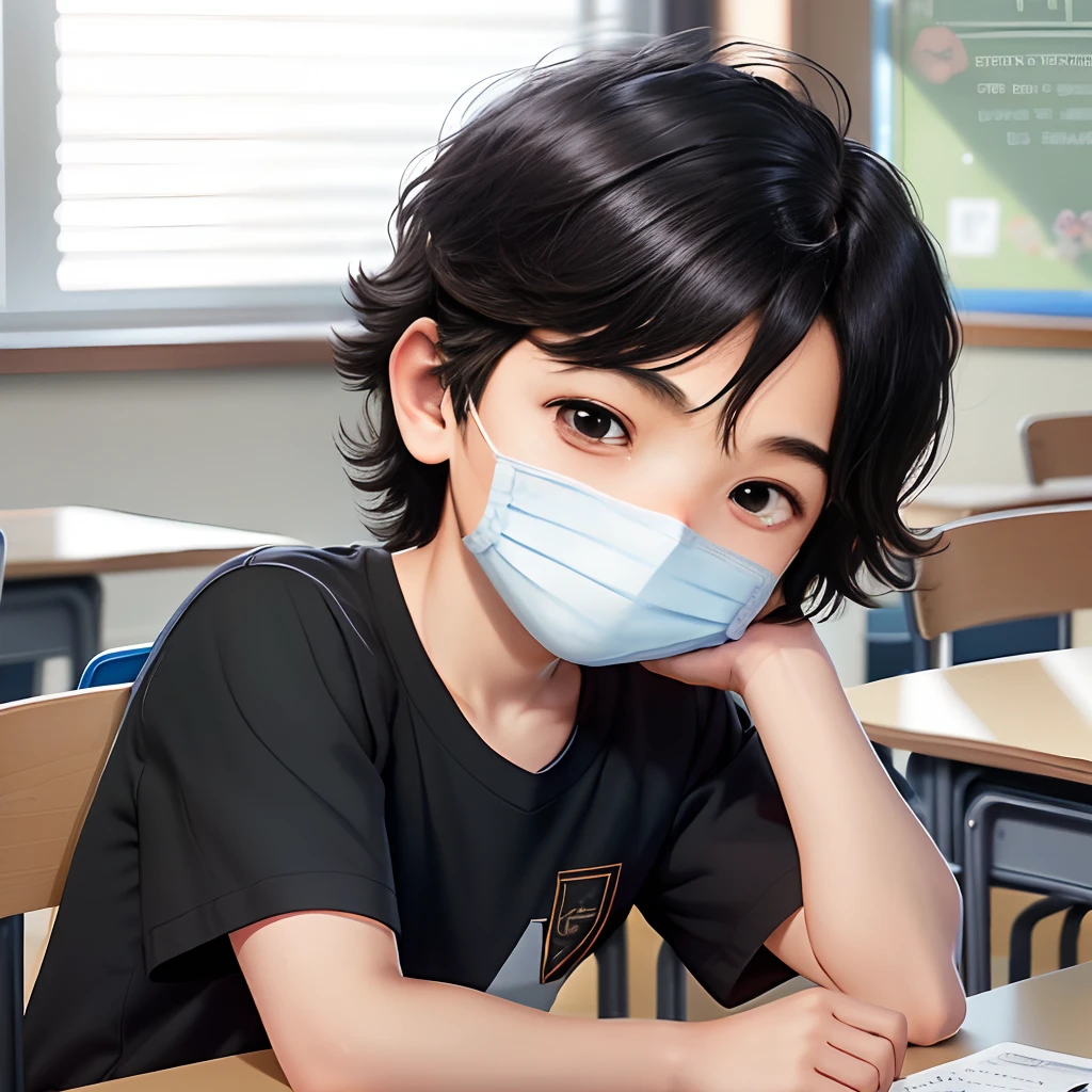 Seated within a classroom, a young boy with a mischievous glint in his eyes watches the scene before him with a sly, yet endearing smile. His medium-length hair, a mix of brown and black hues, frames his face in a way that adds to his boyish charm. Despite his low height that makes him resemble a child, his expression holds a sense of calculated cunning. His cute and innocent face masks his hidden intentions. The classroom environment serves as a backdrop to his subtle mischief. Style: Digital illustration with a focus on capturing the playfulness in his expression and the details of his hair