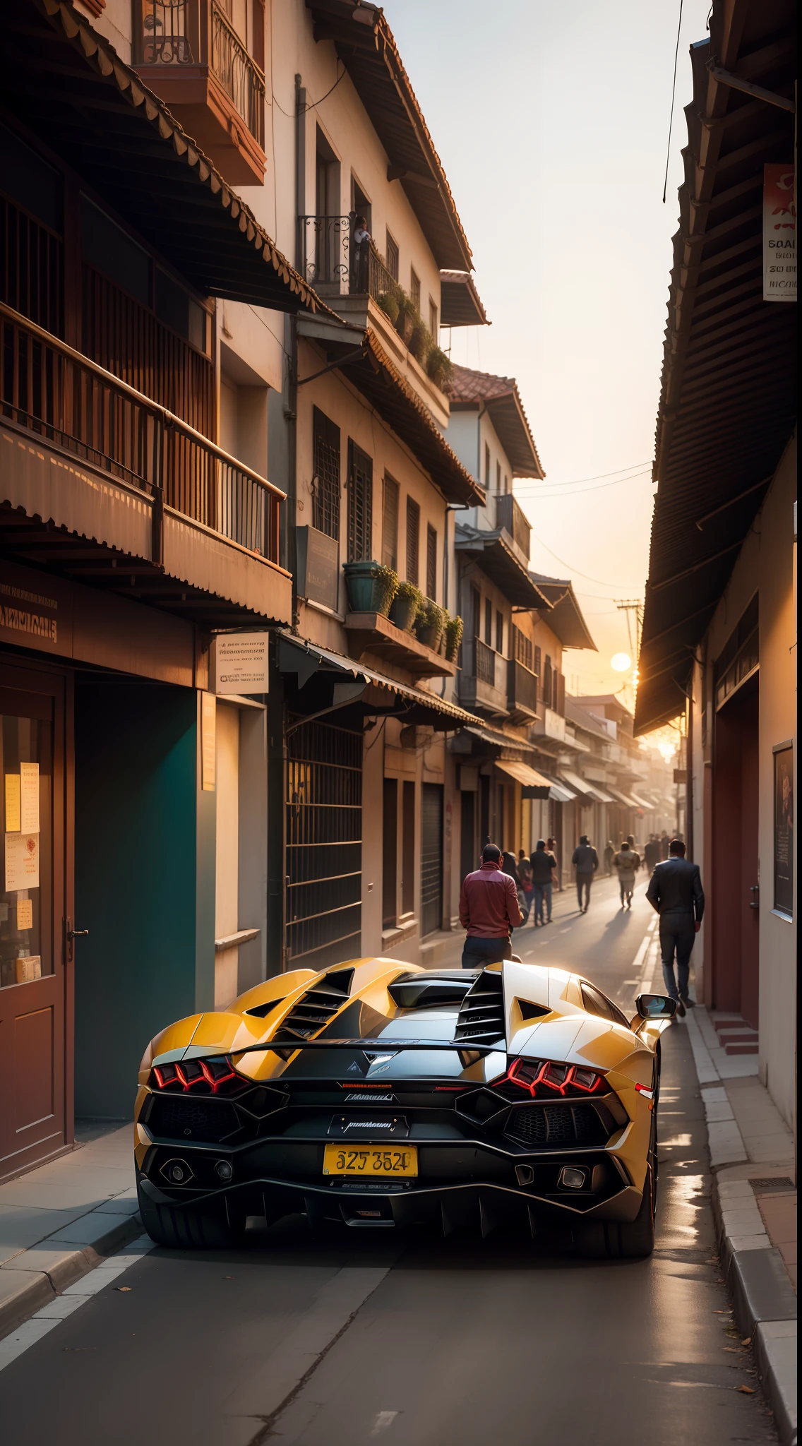 Lamborghini Aventador in Indian Street, Indian vibes ,warm environment, sunset at the back, people with Indian costumes looking at car