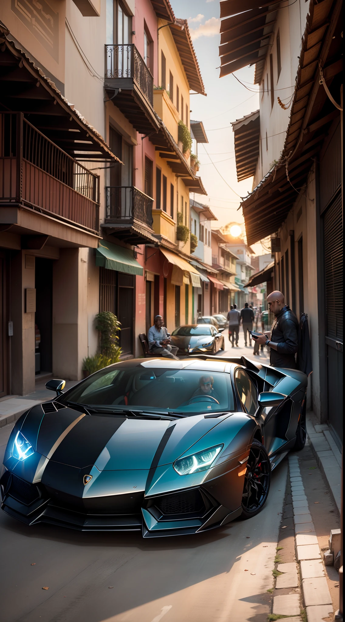 Lamborghini Aventador in Indian Street, Indian vibes ,warm environment, sunset at the back, people with Indian costumes looking at car