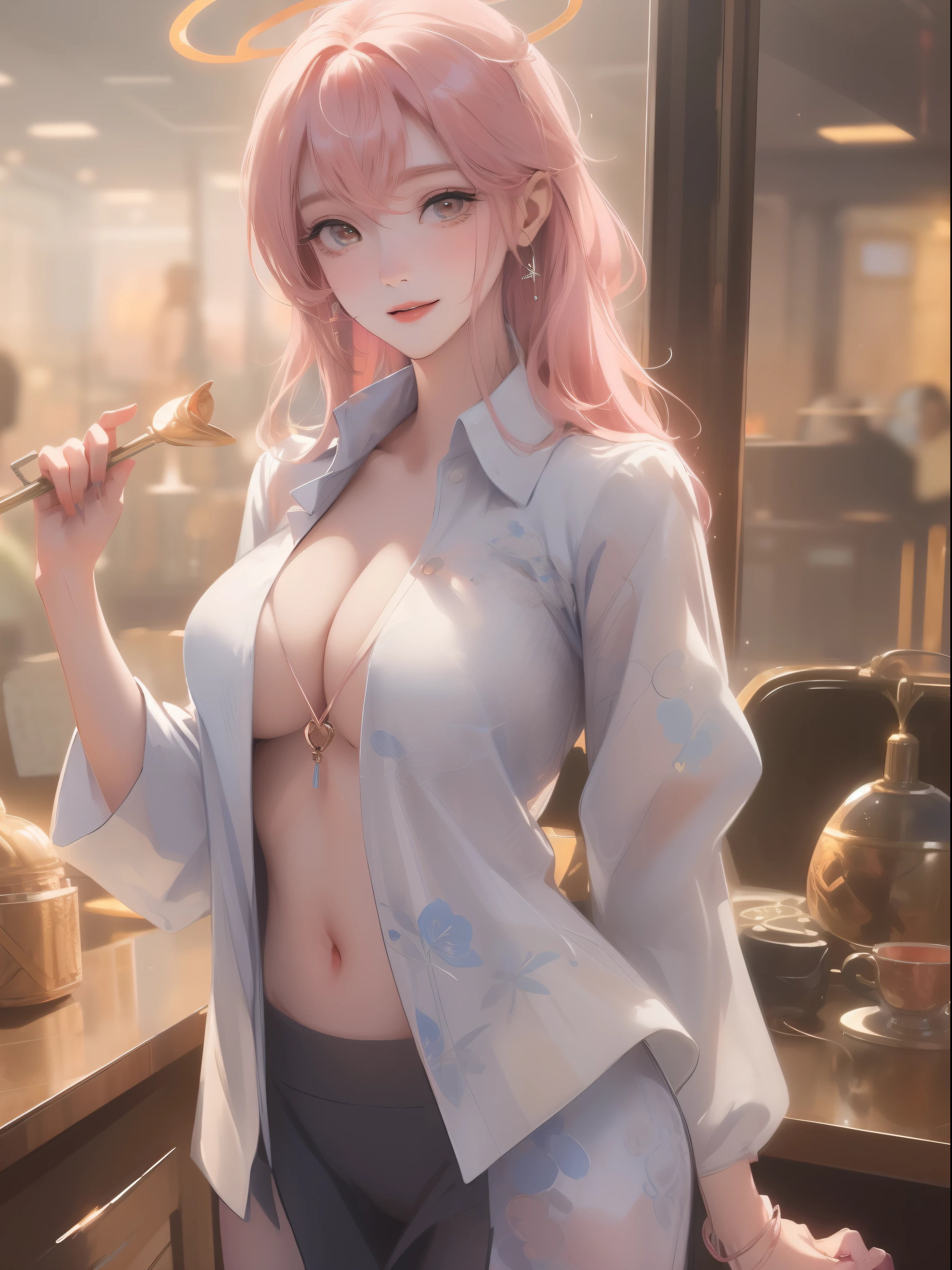 ((masterpiece, best)),(1girl),((mature woman)), light pink hair, halo, trumpet, ((office lady)), bangs, mid-chest, (full), slim, smiling, [wide hips ], office, standing, aru \(blue file\),