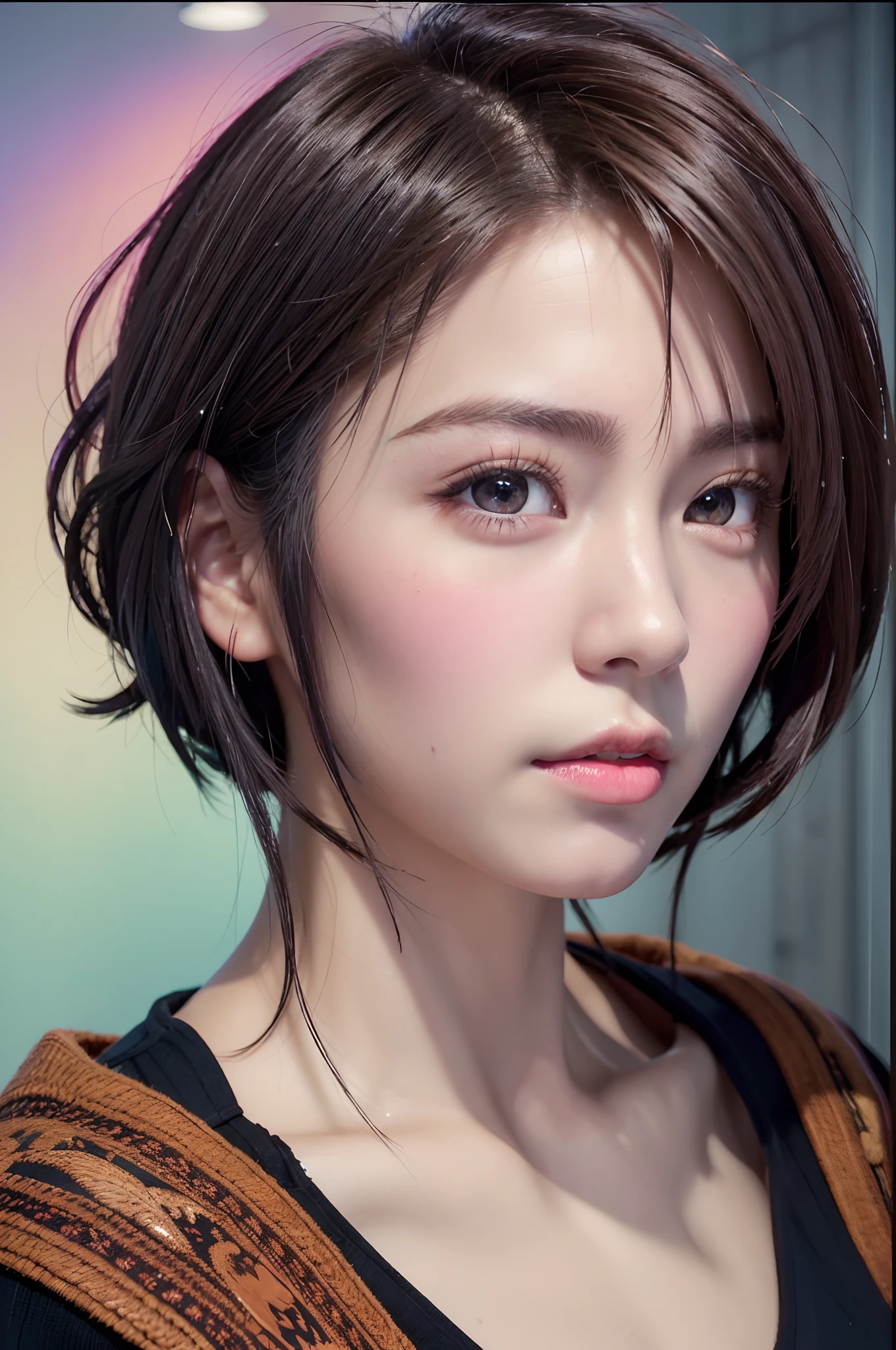 Digital portrait of gorgeous Japan short-haired woman, Beautiful face, Convoluted, Cinematic, Realistic epic, unreal enginee 5, Gorgeous, Incredible color grading, Trending on ArtStation, Photography, cinematic photography, Art Germ and Ross Draw Style