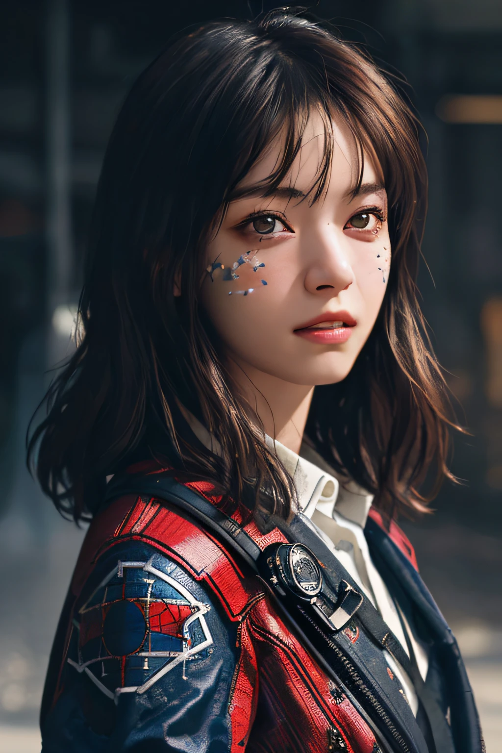 (1girl:1.3), solo, (((extremely detailed face))),(((extremely detailed eyes and face))),beautiful detailed brown eyes, body-parts__, official art, unified 8k wallpaper, super detailed, beautiful and aesthetic, beautiful, masterpiece, best quality, raw, masterpiece, super fine photo, best quality, super high resolution, photorealistic realism, sunlight, full body portrait, amazing beauty,, dynamic pose, delicate face, vibrant eyes, (from the front), she is wearing a Spider-man suit, red and black color scheme, spider, very detailed abandoned warehouse background, Detailed face, detailed complex busy background, messy, gorgeous, milky white, highly detailed skin, realistic skin details, visible pores, sharp focus, volumetric fog, 8k uhd, DSLR, high quality, film grain, fair skin, photo realism, lomography, huge metropolis in future dystopia, seen from below, translucent