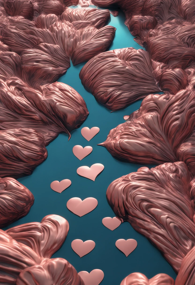 flood of rose gold colored big metallic hearts in a river of silver water