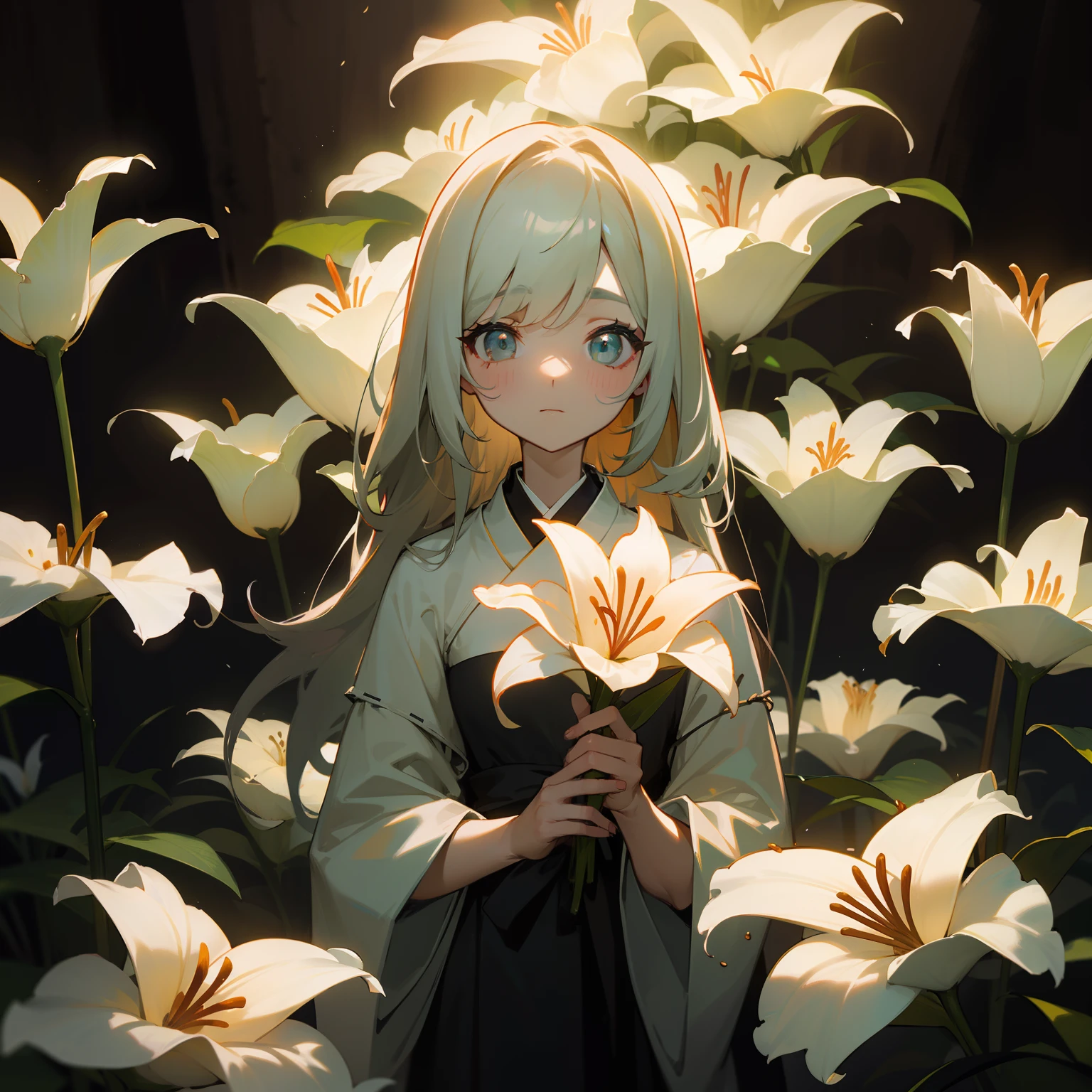 Lily flowers glowed quietly in the dark、That chastity is、Make you feel the darkness around you more deeply、Noble beauty, On the contrary, It was alleviating loneliness and despair。Behind the glamorous beauty、Japanese dress、The Darkness