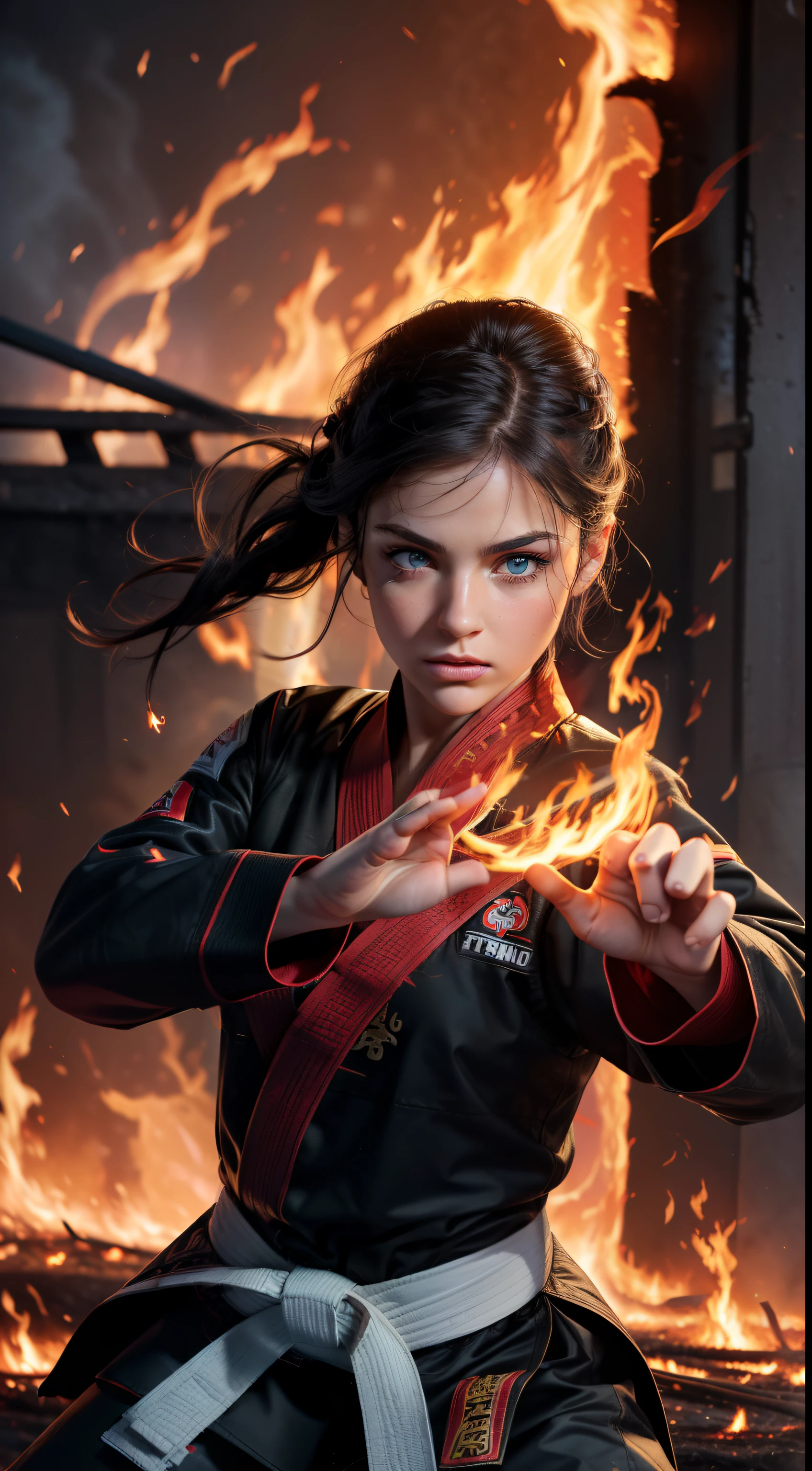 (4k), (masterpiece), (best quality),(extremely intricate), (realistic), (sharp focus), (award winning), (cinematic lighting), 1girl, 18 year old, caucasian, green eyes, perfect eyes, perfect iris, perfect pupils, perfect lips,perfect nose, (((perfect hands, very detailed hands, perfect fingers))), black hair, short hair, straight hair, small braid in her hair, (((fire all around the ground, flames rise up to the hands, flames follow the hands, martial art defensive pose, taekwondo)))