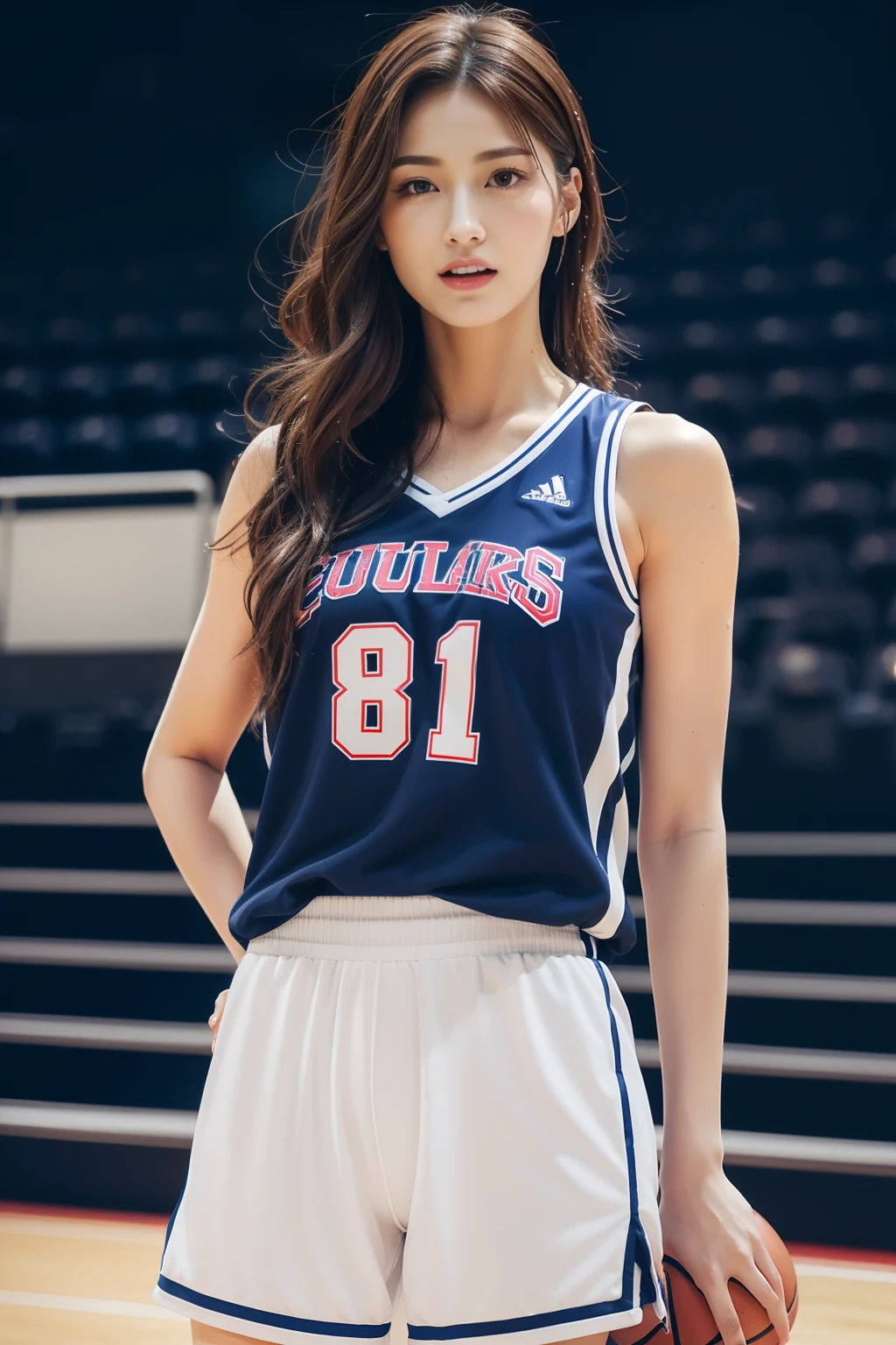 ((Top Quality, 8k, Masterpiece: 1.3)), Perfect Body Beauty: 1.4, large_breasts, Beautiful Woman, 1 Woman, Big: 1.3, (Blue Basketball Uniform: 1.2, Wet Body,), Toned Abs, Dark Brown Hair, Ultra Detailed Face, Detailed Lips, Detailed Eyes, Double Eyelids, Sit on the ground, crotch open, seducing with sexual expression, Inside the Stadium, asketball_stadium, asketball field,