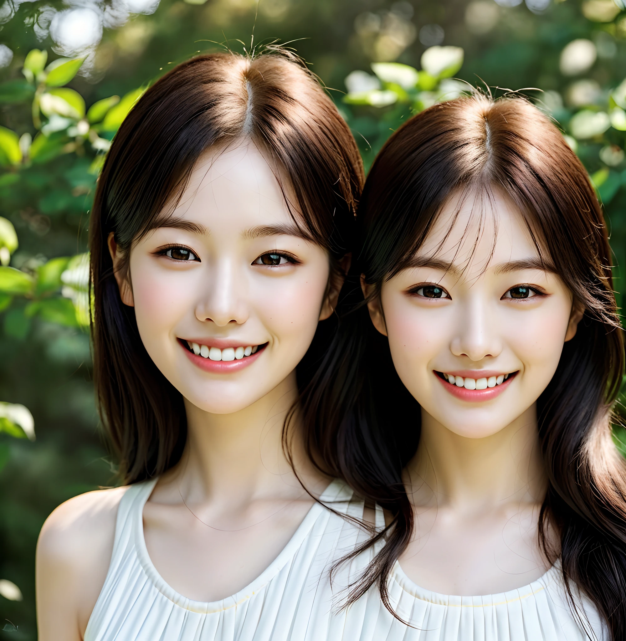 world's most realistic, live-action, photo, (highly detailed cg unified 8k wallpaper), most beautiful girl in the world, only 1 girl, nationwide, realistic, world's cutest smile, cream dress, black hair, beautiful and lovely, with an elegant smile, a slightly cute smile, pale fair skin, double eyelids, long dark brown hair, bust portrait, high quality image,sunlight, in the forest background