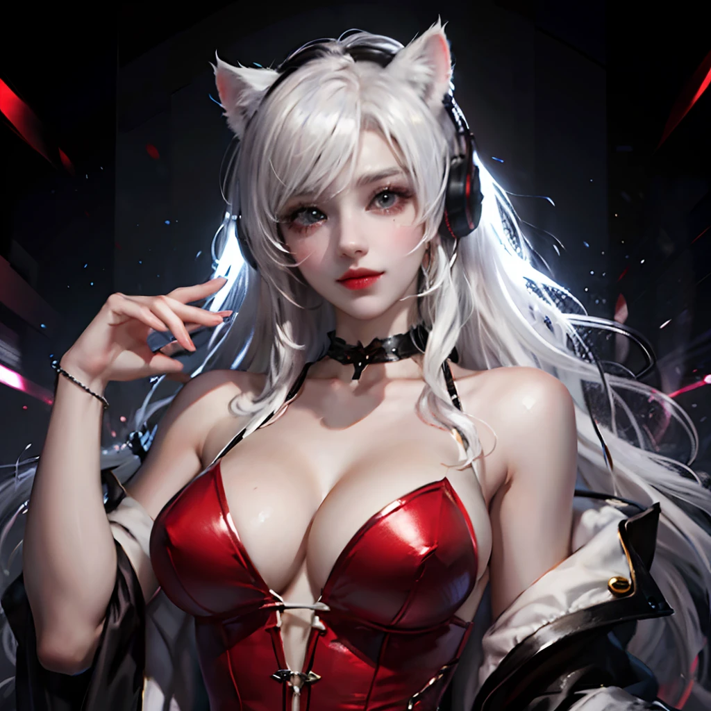 White hair, , White horse ears, grin, Anime style, hyper HD, 1,large breasts cleavage,tmasterpiece,、Straight long hair、Brown Headphones、suggestive pose、