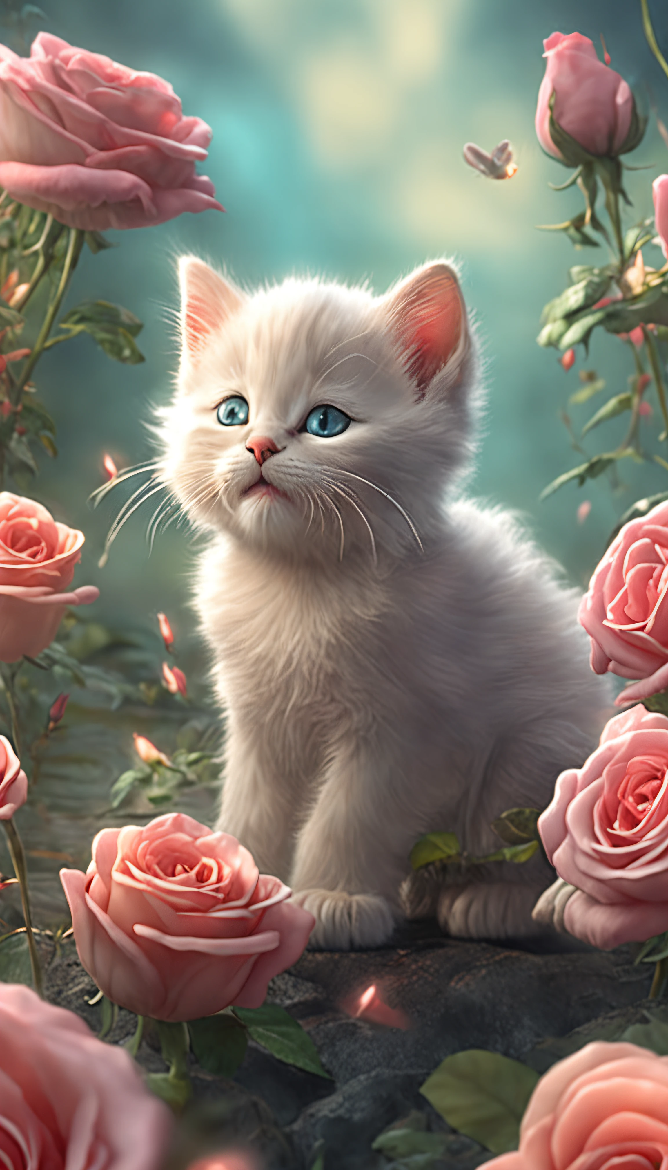 In this ultra-detailed CG art, cute kittens surrounded by ethereal roses, laughter, best quality, high resolution, intricate details, fantasy, cute animals, open mouths, laugh!!