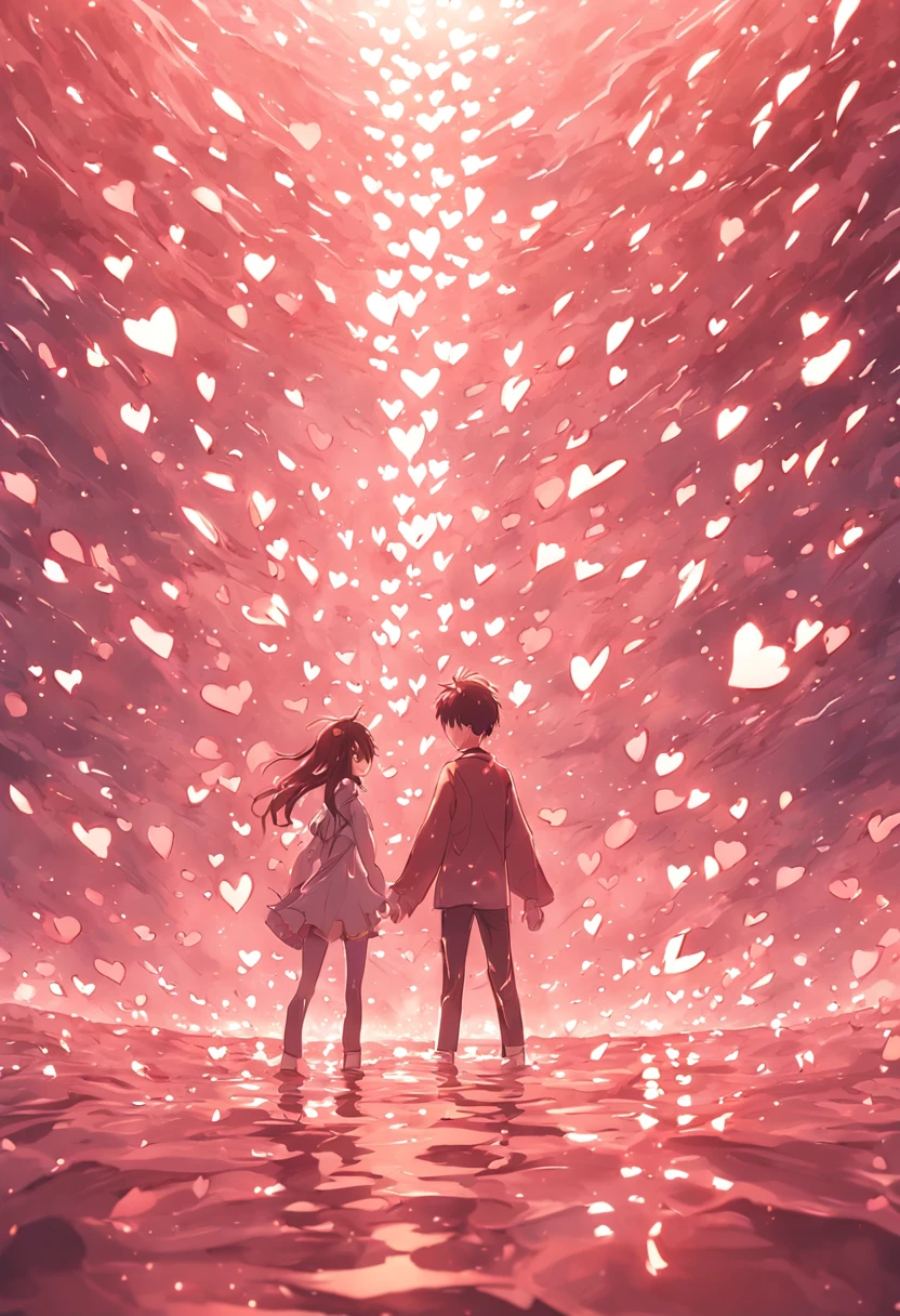 flood of rose gold colored big metallic hearts in a river of silver water