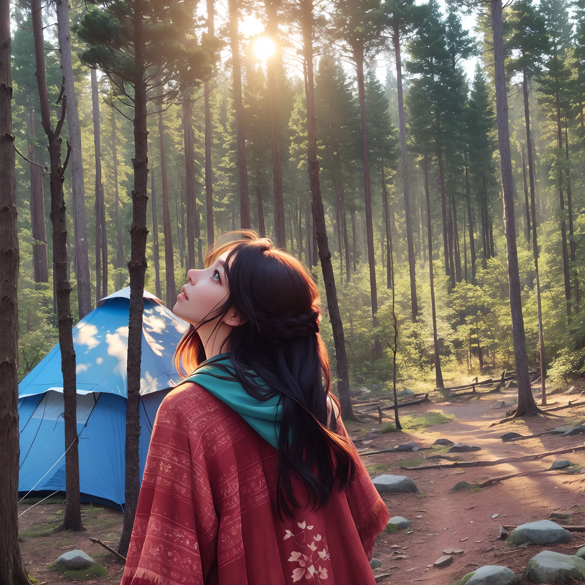 There was a woman standing in the woods,Look up at a blue tent。, in front of a forest background, at a forest, Evening!! In the forest, in harmony with nature, looking majestic in forest, in front of an amazing forest, In the open forest, against the backdrop of trees, setting in nature, in the middle of nature, with a tall tree, With sunset