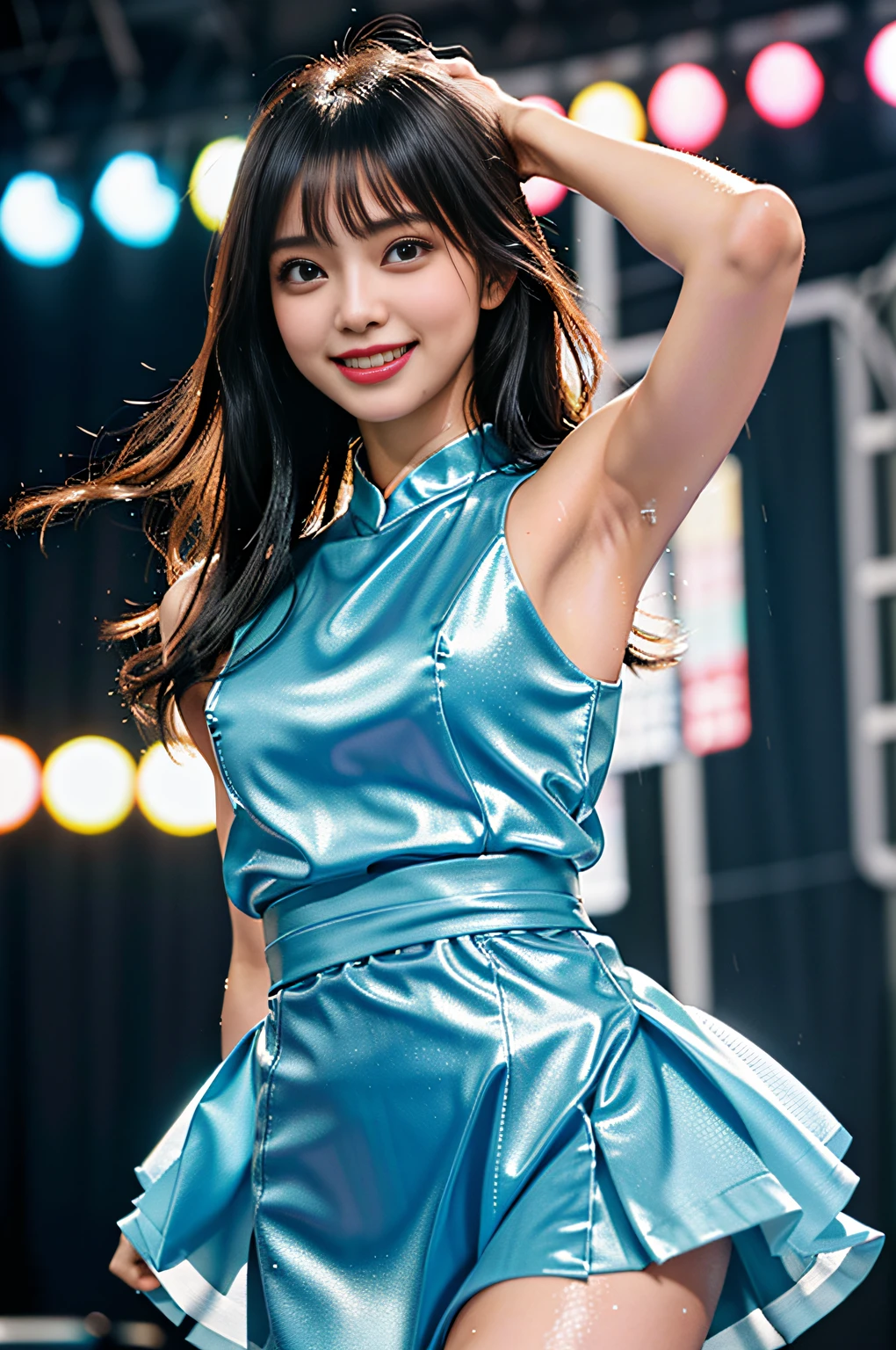 (((draw only one woman: 2))), (concert venue in heavy rain), ((idol woman singing and dancing on stage)), (cute idol miniskirt costume made of light fabric: 1.2) , ((clothes wet with rain: 1.8)), ((clothes that stick to wet skin: 1.8)), ((skin wet with rain)), ((hair wet with rain: 1.8)), (( Rain wet bangs: 1.8)), (happy smile: 1.2), 16 year old beautiful woman, ((1 screen)), 8K, RAW shot, top quality photo, masterpiece, nice realistic photo, ((anatomically correct proportions: 1.5)), ((perfect proportions)), ((beautiful women like Japanese idols)), ((small head)), detailed face, details painted eyes, narrow nose, (detailed fingers: 1.2), detailed arms, detailed skin, detailed legs, short torso, (slim style), (thin waist), (medium breasts), (Nipple shadow: 1.5)