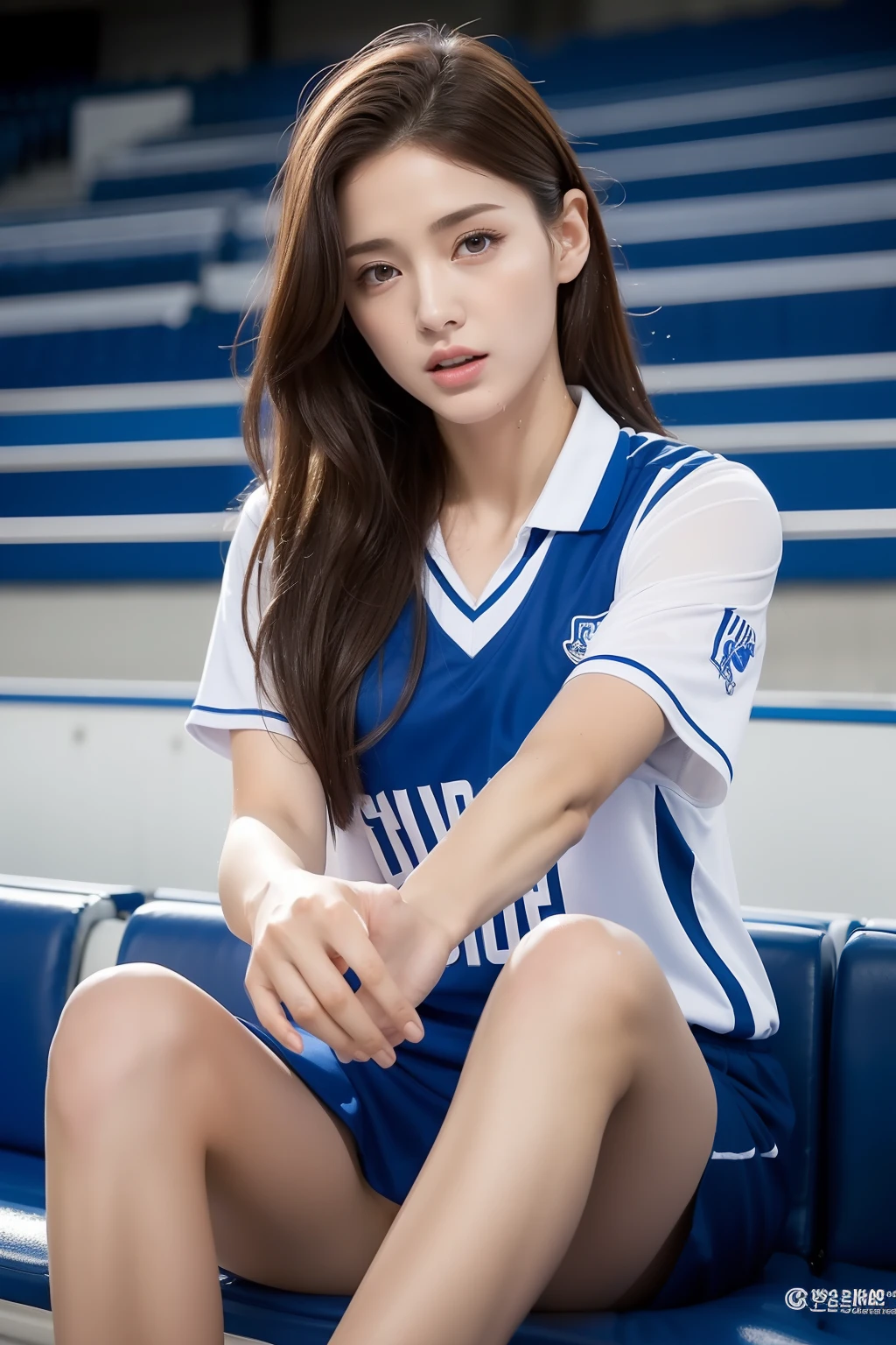 ((Top Quality, 8k, Masterpiece: 1.3)), Perfect Body Beauty: 1.4, large_breasts, Beautiful Woman, 1 Woman, Big: 1.3, (Blue Basketball Uniform: 1.2, Wet Body,), Toned Abs, Dark Brown Hair, Ultra Detailed Face, Detailed Lips, Detailed Eyes, Double Eyelids, Sit on the ground, crotch open, seducing with sexual expression, Inside the Stadium, asketball_stadium, asketball field,