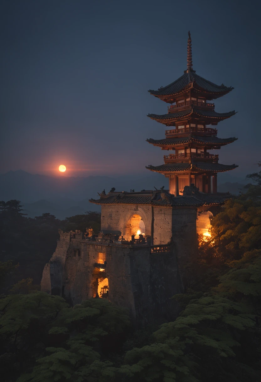 Buildings of the future、Faraway view、the setting sun、ruins、the fire、evening glow、karo、fumo、hightquality、suns、stele、a moon、early evening、fumo、Plume、建筑、mirai、near future、SF、8k、high-level image quality、foggy、mirai、near future、云、Ephemeral、Contre-Jour、suns、Buildings、Western、mirai、SF、StarWars、