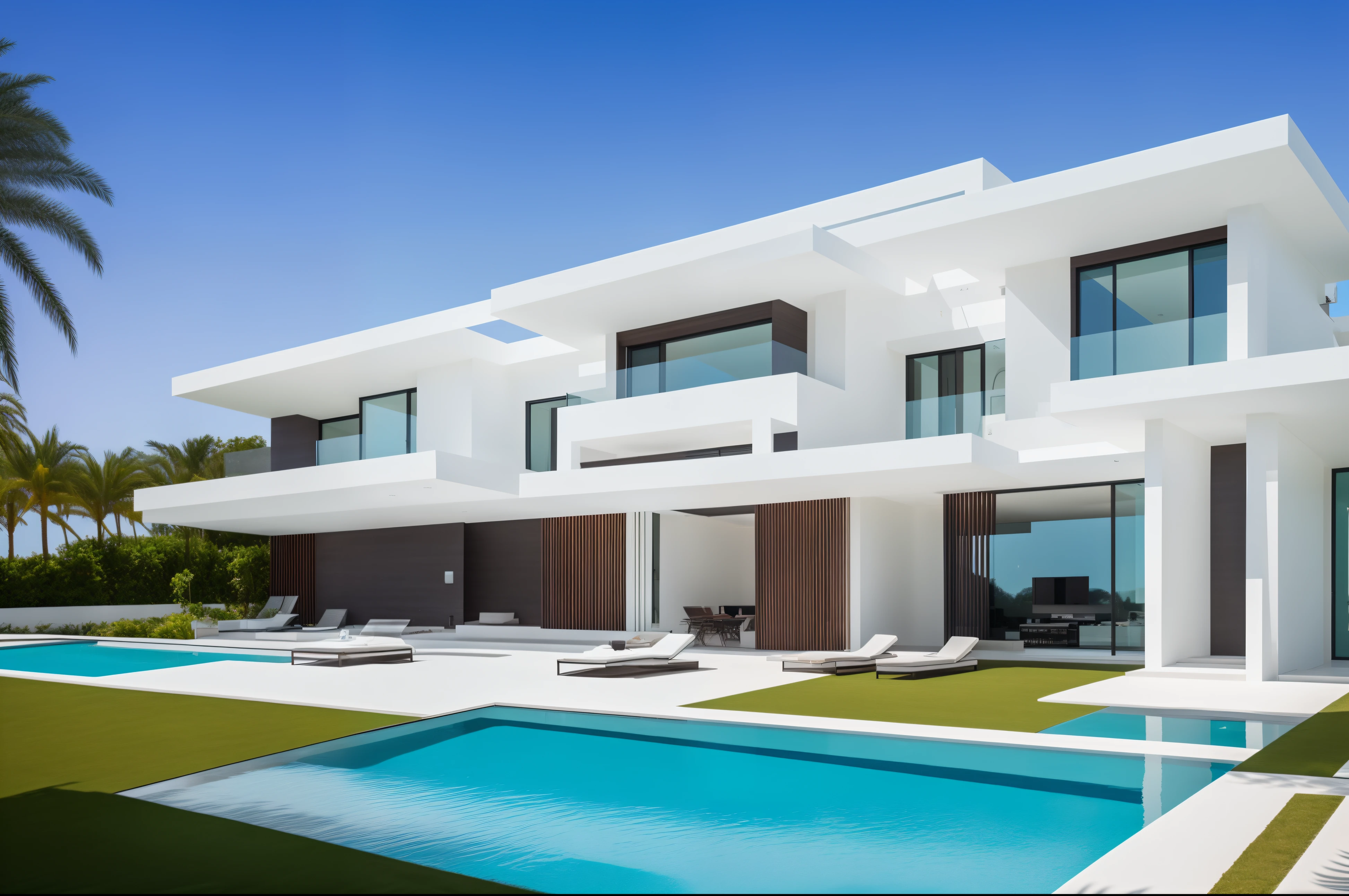 arafed view of a modern house with a pool and lounge chairs, modern house, modern architecture design, luxury architecture, contemporary house, modern architecture, modern design, modern minimal design, ultra modern, large modern residence, modern setting, futuristic house, white minimalist architecture, luxury lifestyle, contemporary design, exterior design, luxury hd render, fotografia, contemporary architecture, villa