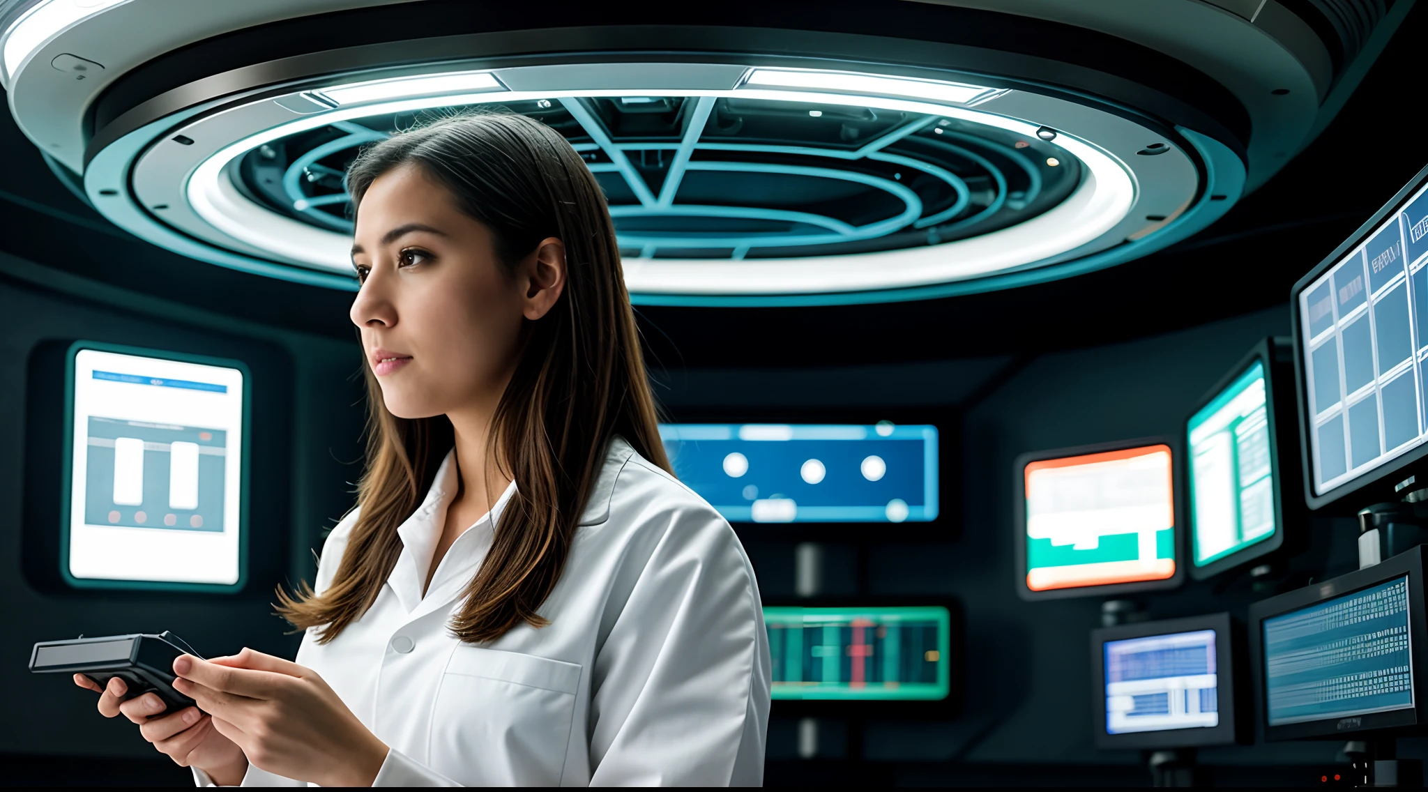 instagram photo, A female scientist in a futuristic research facility, utilizing advanced technology for her work, innovative, forward-thinking, Canon EOS RP with 50mm f/1.8 lens, LED panel lighting, science fiction-inspired photography.