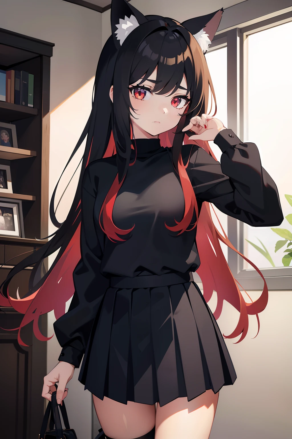 A girl with long hair and cat ears,The eyes are red,Wearing a black shirt,Black pleated skirt
