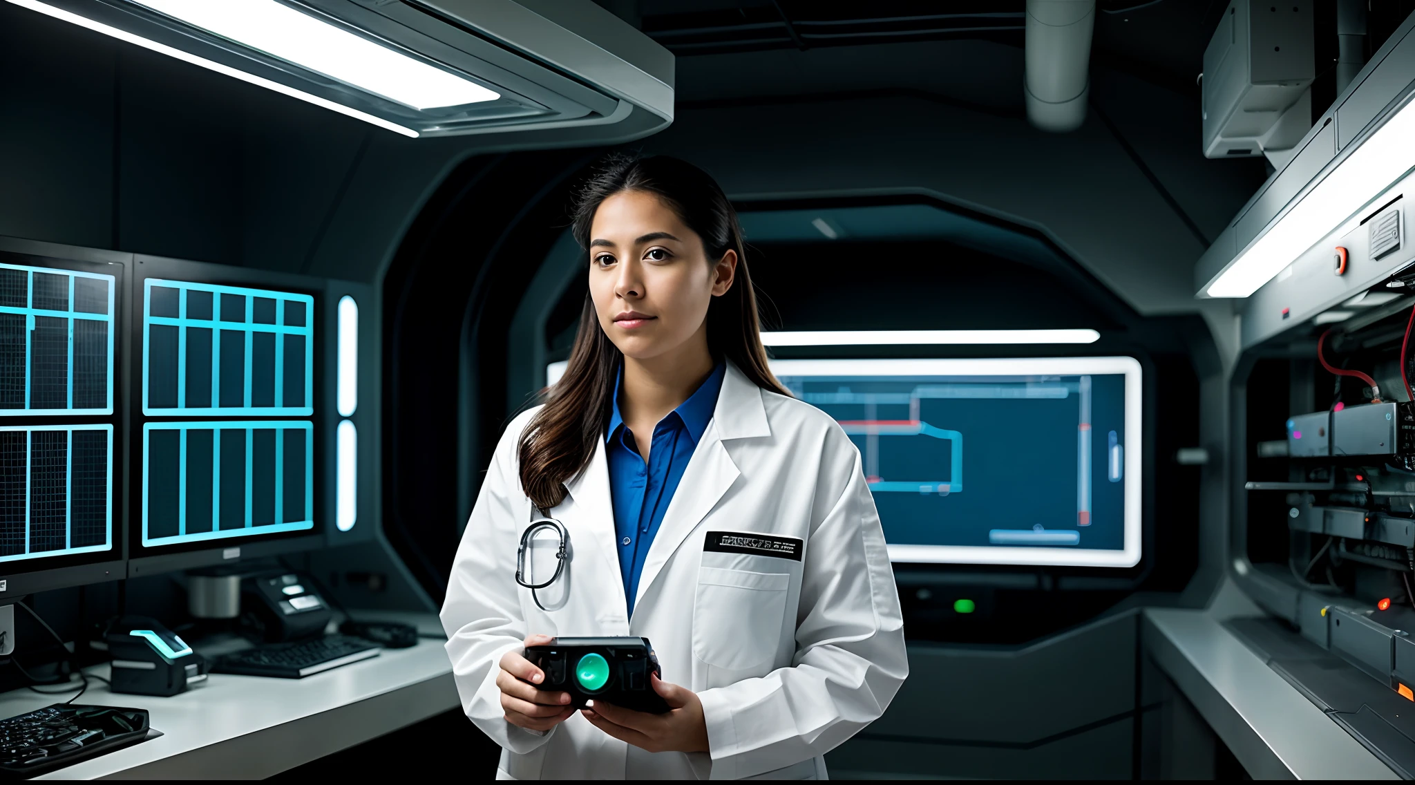 instagram photo, A female scientist in a futuristic research facility, utilizing advanced technology for her work, innovative, forward-thinking, Canon EOS RP with 50mm f/1.8 lens, LED panel lighting, science fiction-inspired photography.