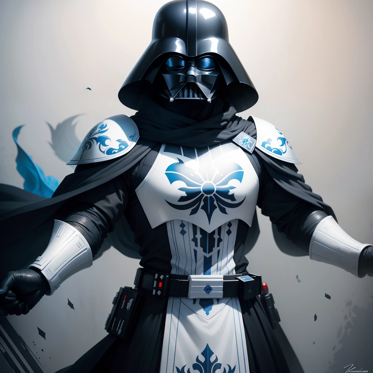 Darth Vader in luxurious white armor, painted with patterns in the style of Gzhel, Russian style, Gzhel painting, blue and white colors, Armor with Gzhel patterns, Ress style
