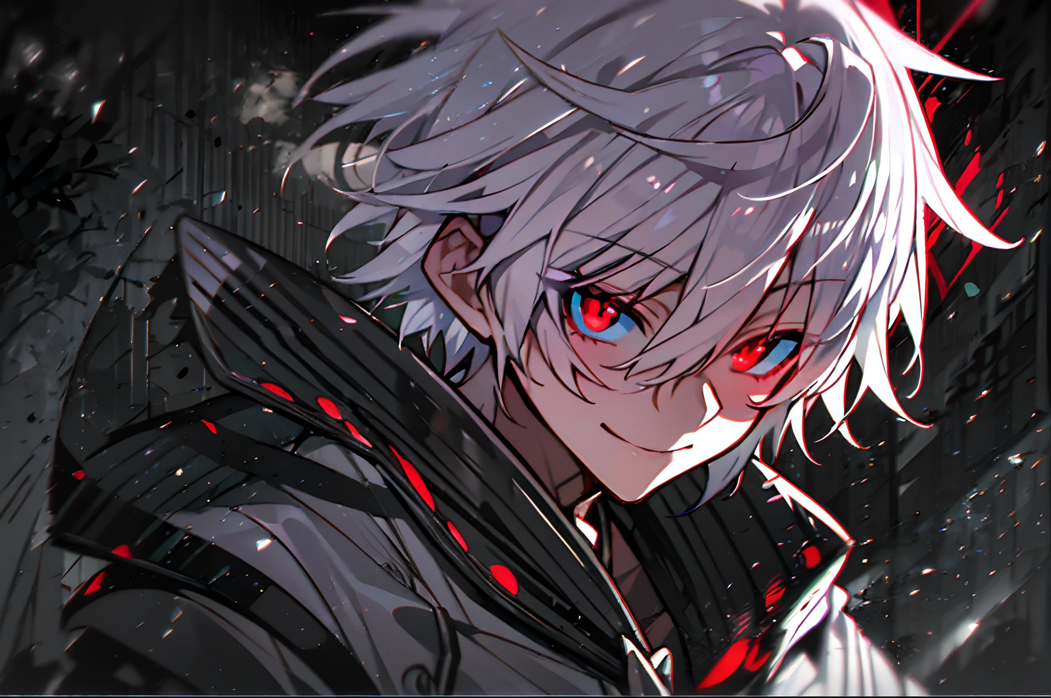 hight resolution,Anime boy with white hair and red eyes staring at camera, Glowing red eyes,slim, dressed in a black outfit,Shadow Body,de pele branca,monochromes,hair messy,Aggressive smile,Diagonal angle