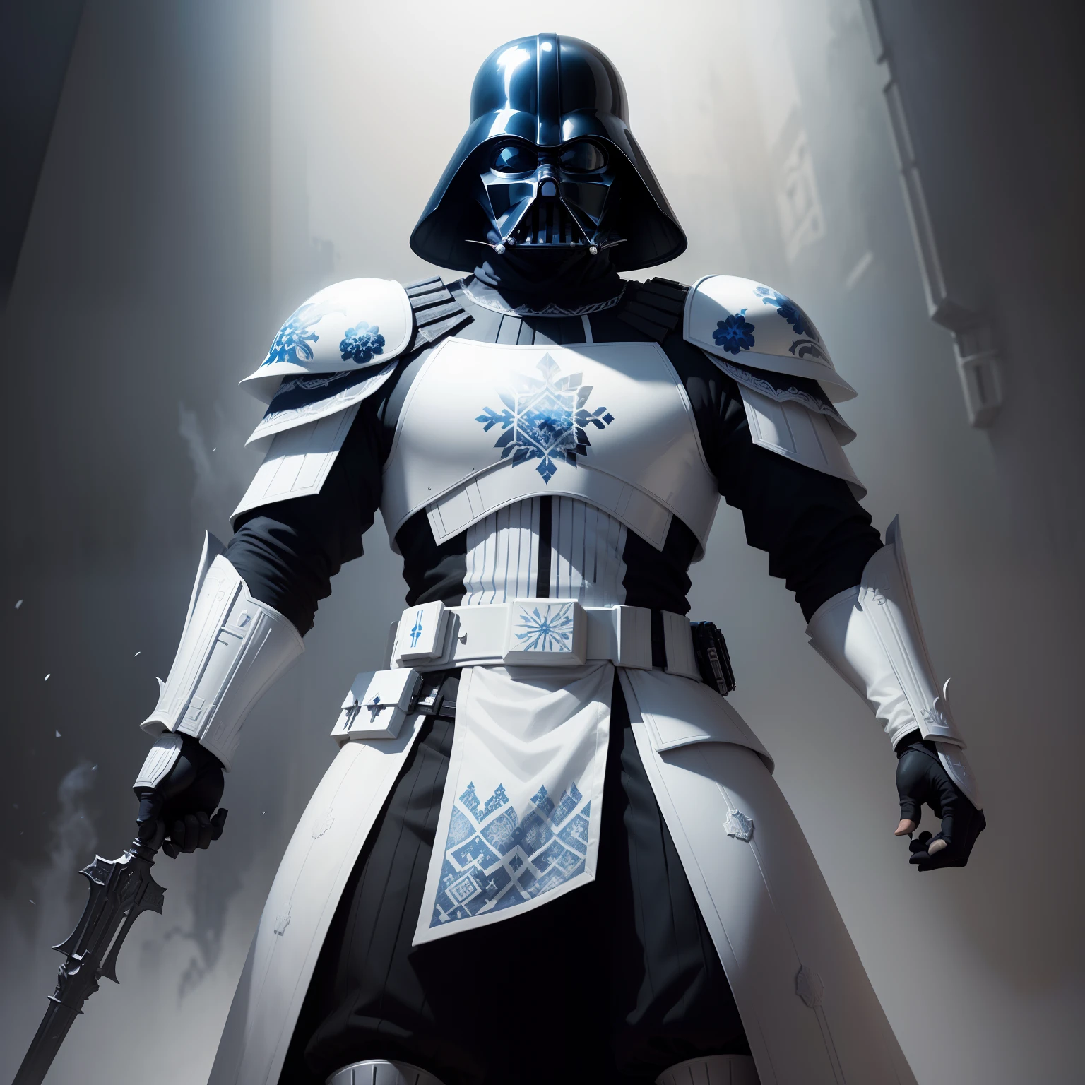 Darth Vader in luxurious white armor, painted with patterns in the style of Gzhel, Russian style, Gzhel painting, blue and white colors, Armor with Gzhel patterns, Ress style