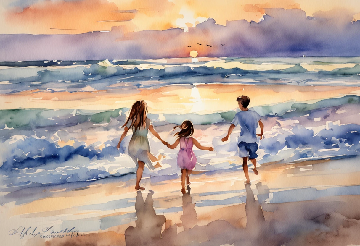 beautiful sunset on the beach, children playing on the sand, high definition, artwork, oil painting