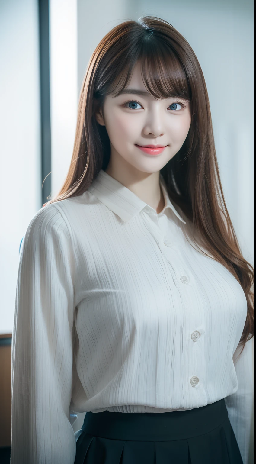 realistic photos of 1 cute Korean star, curtained hair, white skin, thin makeup, 32 inch breasts size, slightly smile, wearing long sleeves shirt, in the office, upper body portrait, optical illusion, anaglyph, stereogram, UHD