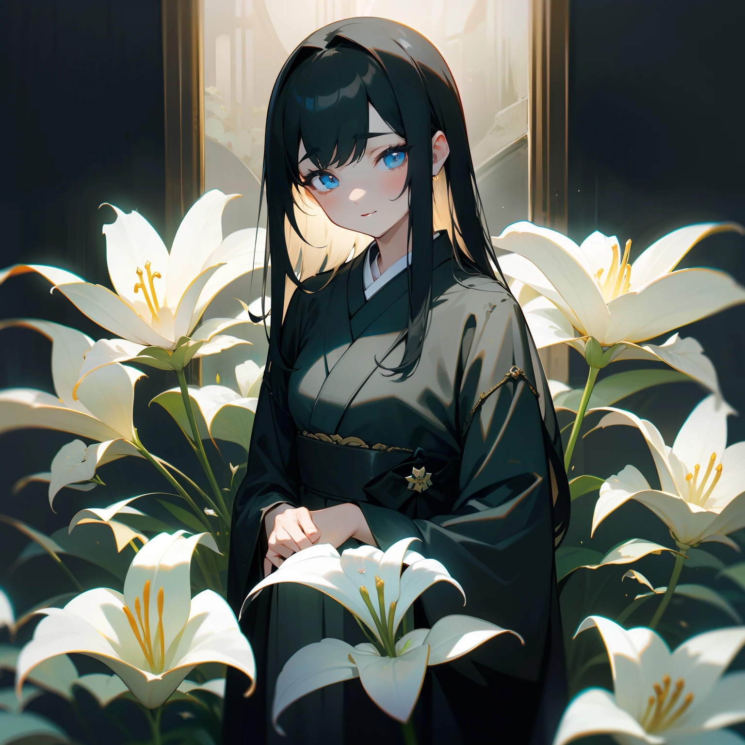 Lilium flowers glowed quietly in the dark、That chastity is、Make you feel the darkness around you more deeply、Noble beauty, On the contrary, It was alleviating loneliness and despair。Behind the glamorous beauty、Japanese dress、The Darkness