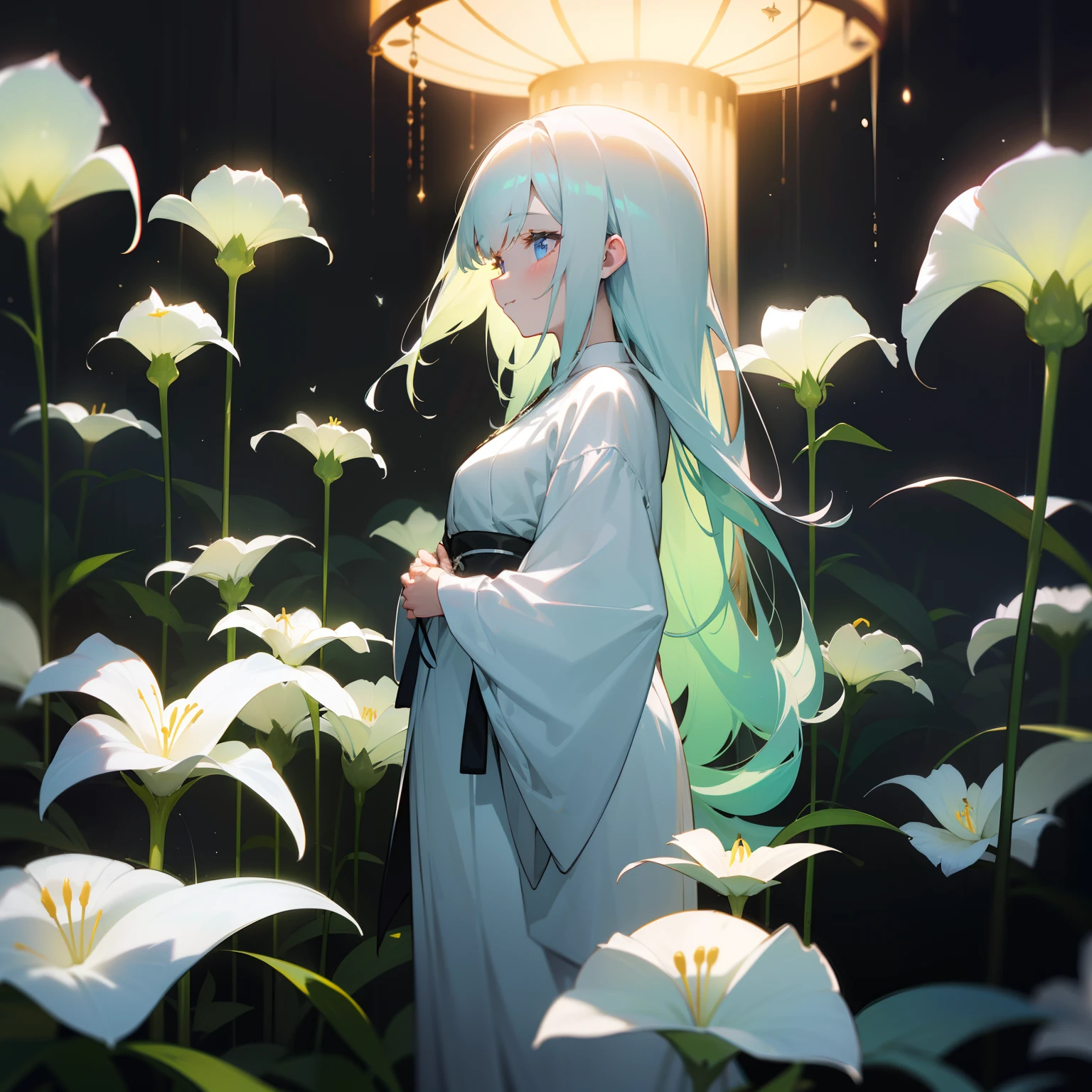 Lilium flowers glowed quietly in the dark、That chastity is、Make you feel the darkness around you more deeply、Noble beauty, On the contrary, It was alleviating loneliness and despair。Behind the glamorous beauty、Japanese dress、The Darkness