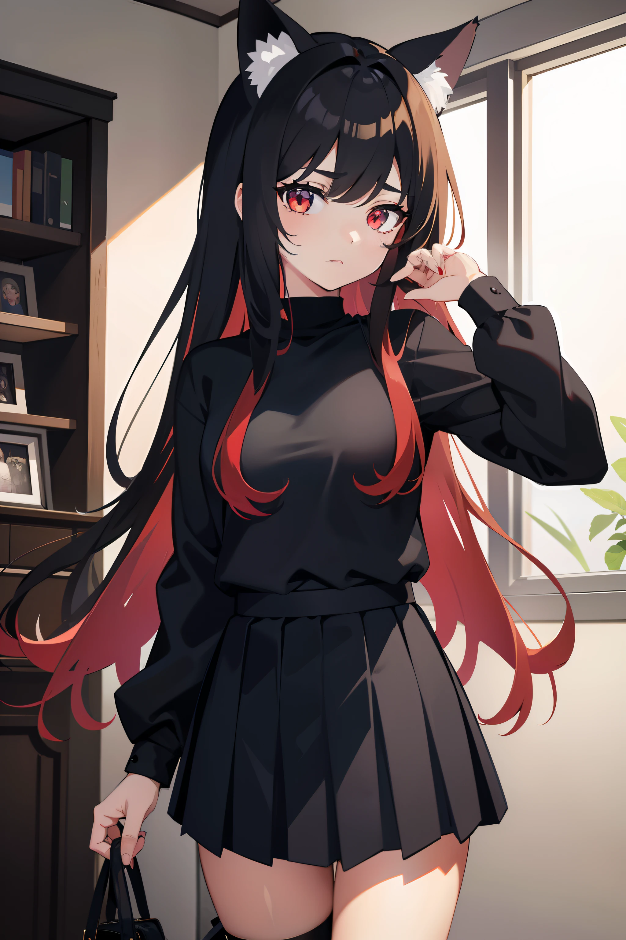 A girl with long hair and cat ears,The eyes are red,Wearing a black shirt,Black pleated skirt