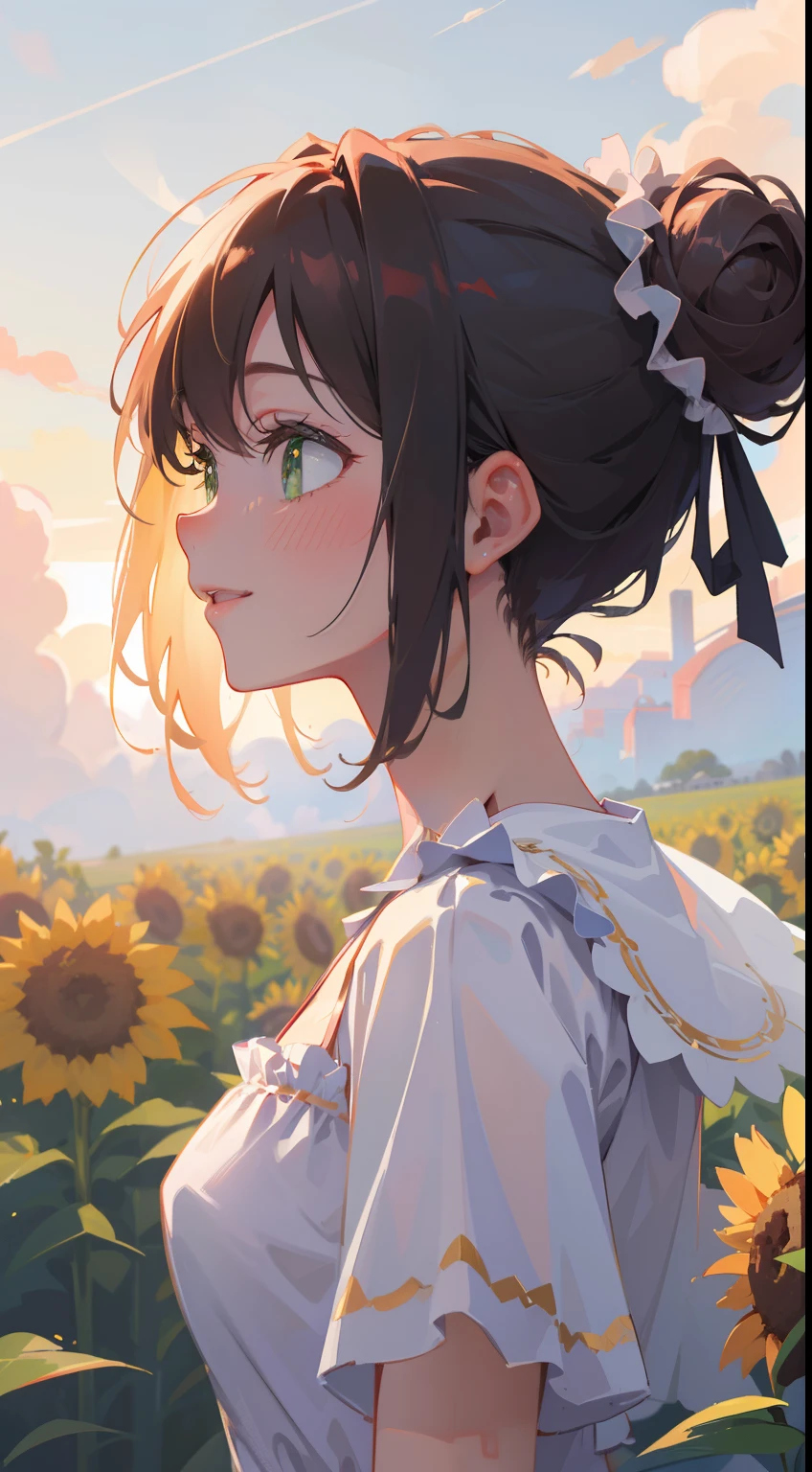 (masterpiece), (best quality), ultra high res, sharp focus, warm pastel tone, ((1 woman, solo)), upper body, profile shot, beautiful detailed hair, chestnut brown hair, bun hairstyle, beautiful detailed face, ((beautiful shape eyes, green eyes)), (happiest face), blushing, perfect feminine face, smiles, open lips, feminine light dress, beautiful clouds and sky in the evening background, in the meadow of sun flowers
