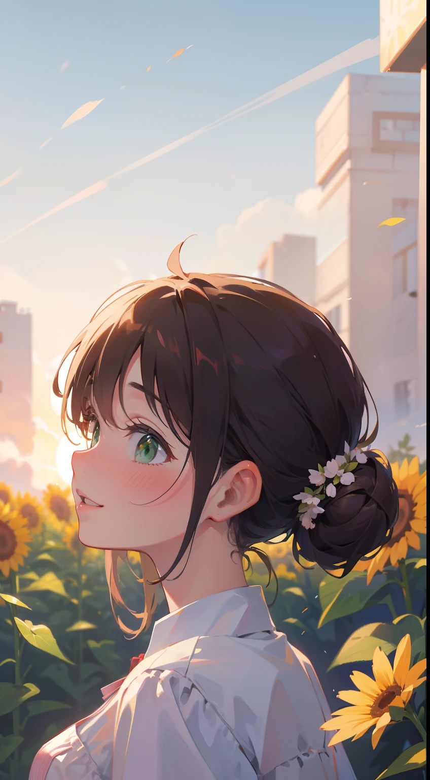 (masterpiece), (best quality), ultra high res, sharp focus, warm pastel tone, ((1 woman, solo)), upper body, profile shot, beautiful detailed hair, chestnut brown hair, bun hairstyle, beautiful detailed face, ((beautiful shape eyes, green eyes)), (happiest face), blushing, perfect feminine face, smiles, open lips, feminine light dress, beautiful clouds and sky in the evening background, in the meadow of sun flowers