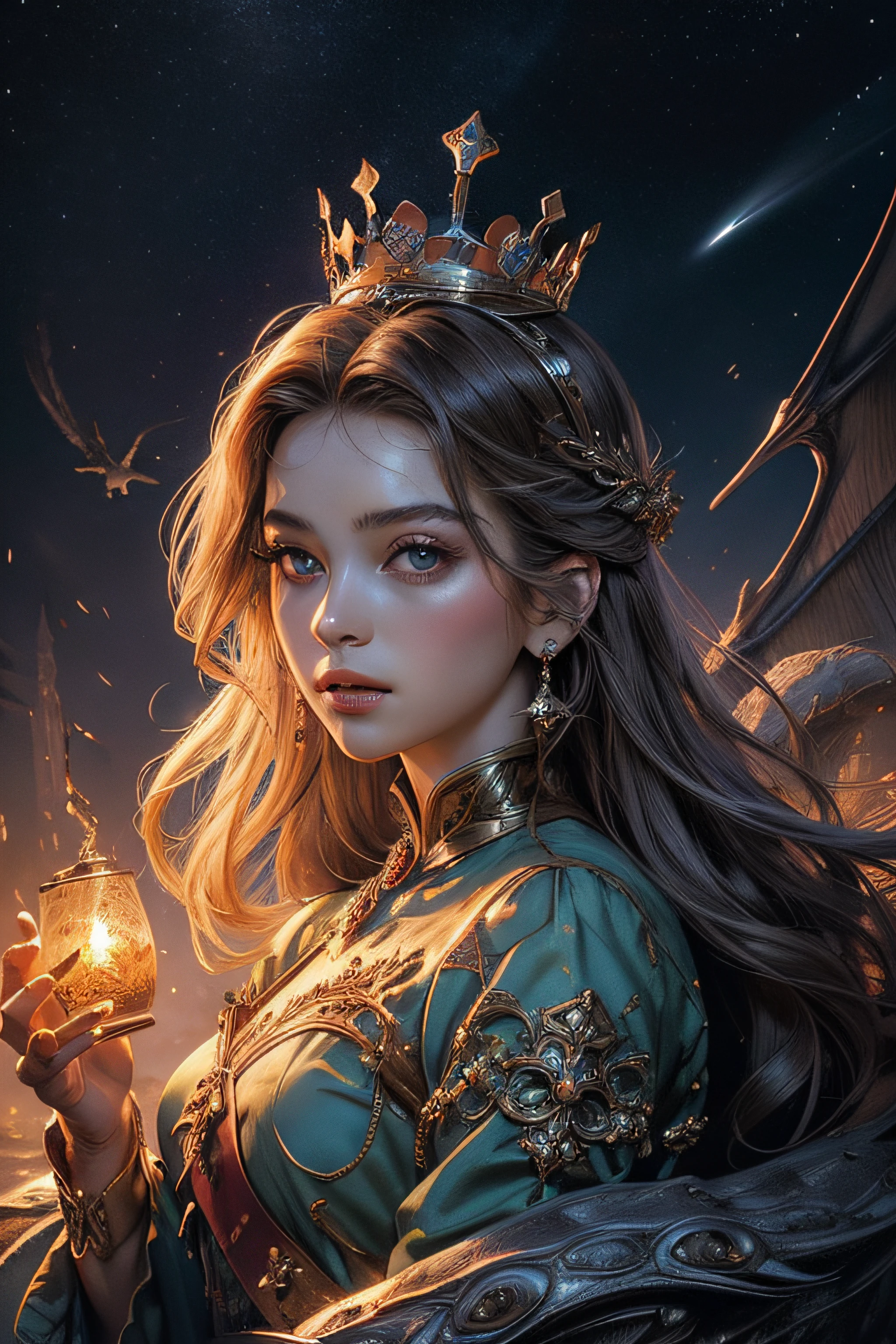 (masterpiece, top quality, best quality, official art, beautiful and aesthetic:1.2), (1maturedgirl), cute, extreme detailed, colorful, highest detailed, royal, crown, princess looking at dragon in universe, sharp nose, adorable eyes,