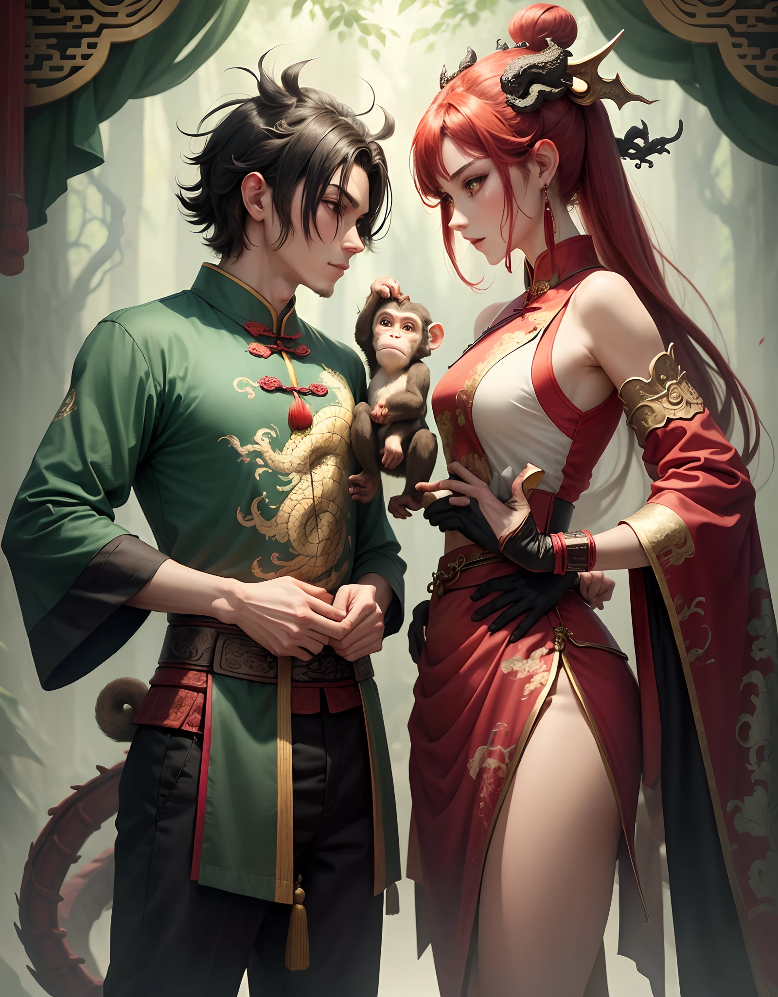 a monkey and a dragon Stand on either side，monkey is 3  younger than dragon,monkey is a boy,dragon is a girl.they fight in jest or for fun, fall in love with each other！The type of painting is of ancient Chinese style