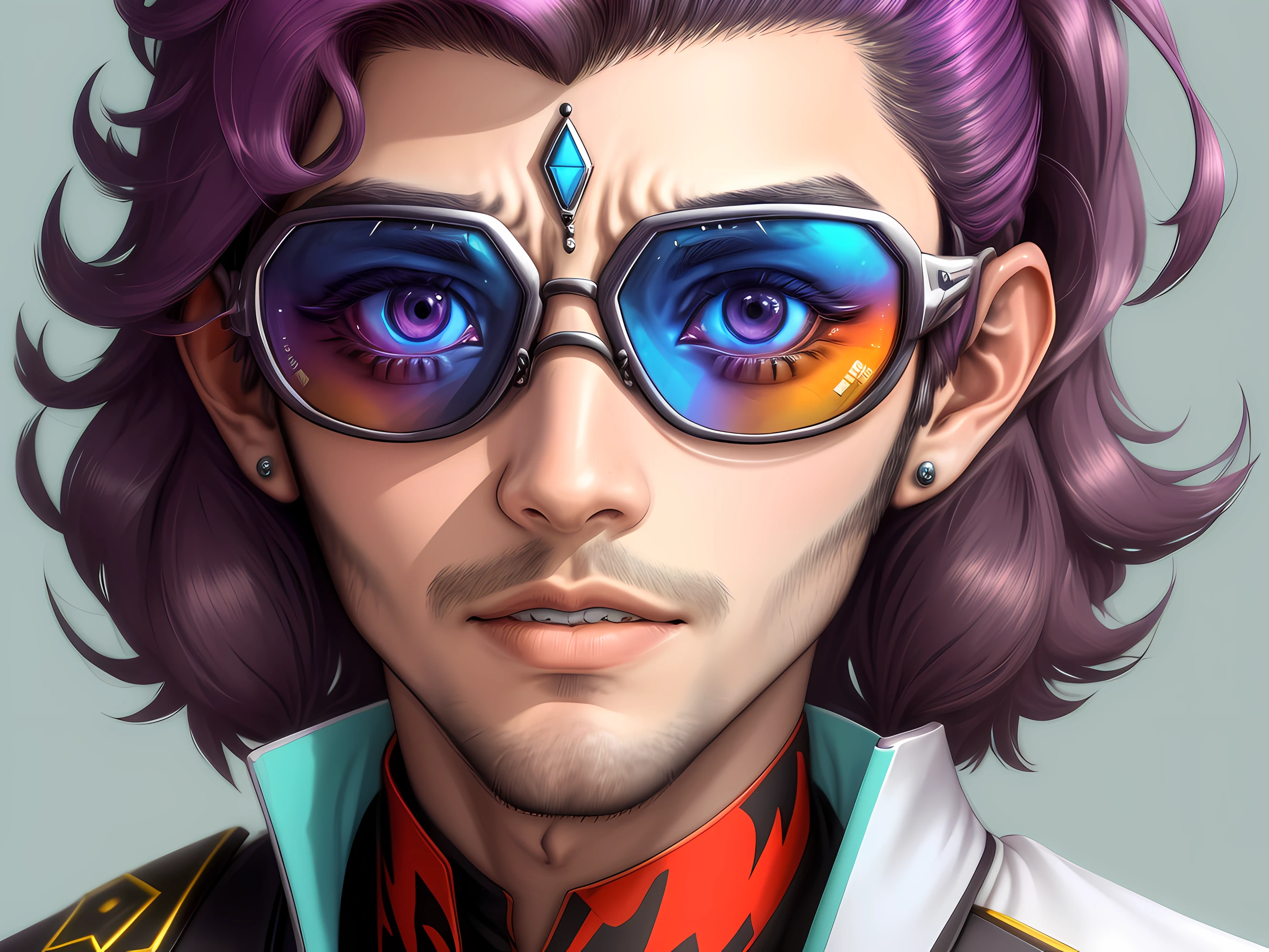 Um homem  com traje futurista,  de oculos brilhante,  com bone de baiseball colorido, autoretrato realista,  Perfect appearance,  detalhes intrincados realista,  em fundo com raios em cores vivas abstrato.