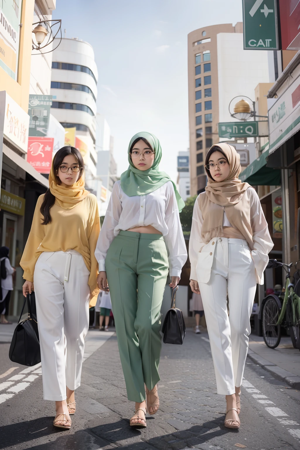 3 Cute Young malay girl in pastel green hijab and white over sized shirt with high waists tight pants walking in crowded city street, girl wear glasses, catwalk, bright lighting, professional photography, portrait photography, ultra realistic, city background, morning, perfect body, thick thighs, small waists, small abs, long leg, medium shot, camel toe,