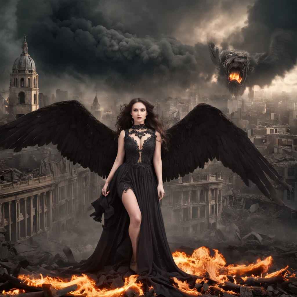 Create an image in a dark and gothic art style depicting a fallen, malevolent angelic goddess with magnificent wings, lying defeated on the ground in the midst of an apocalyptic city consumed by flames and ruins. The composition should focus on the goddess in the foreground, emphasizing her facial expression and wings, while also incorporating a panoramic view that showcases the city's devastated landscape and a stormy sky with distant lightning. Enhance the image with contrasts that highlight the goddess's dual nature, and experiment with lighting effects to create a mysterious aura around her. Integrate subtle details of ruined buildings, reflections of flames in her eyes and wings, swirling smoke, and distant silhouettes of mythical creatures on the horizon. The resolution should be 3000x2000 pixels with a color palette of dark, desaturated tones with intense red and orange accents. Use a mix of textured and soft brushes for intricate details and atmospheric effects. Opt for a slightly low camera angle to emphasize the grandeur of the fallen goddess, and employ soft, diffused lighting from the side to create shadows and highlights. Simulate a wide-angle lens for a panoramic effect, and consider applying a slight grain filter to enhance the gritty atmosphere. Avoid depicting any scenes of hope, revival, or heavenly intervention. Exclude any elements that imply restoration or assistance for the fallen goddess.