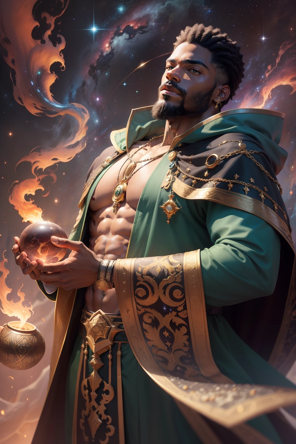 extremely high quality, masterpiece, sharp focus, max detail, realistic, alluring, ebony man's hands, puppeteering strings holding plants and galaxies, flames as an aura, dark-skinned black man with well kept beard, beautiful, strong, handsome, ripped physic, hyper-realistic space galaxy background, freemason jewelry, in green robe attire, gold accents in the robe and clothing, detailed fabric, floating three feet above the ground