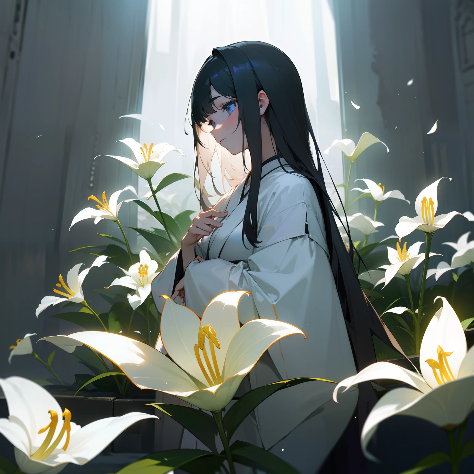Lilium flowers glowed quietly in the dark、That chastity is、Make you feel the darkness around you more deeply、Noble beauty, On the contrary, It was alleviating loneliness and despair。Behind the glamorous beauty、Japanese dress、The Darkness