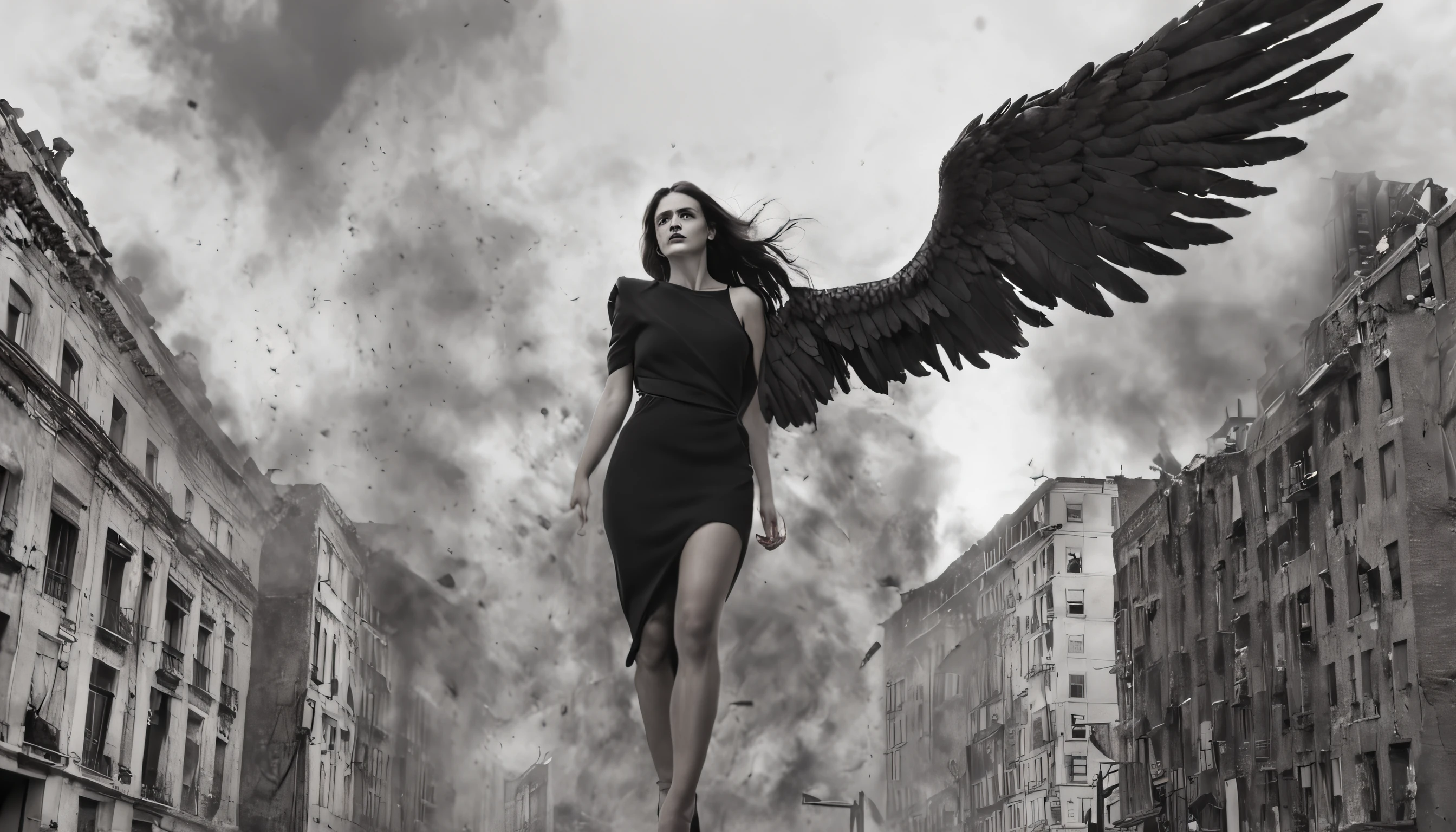Imagine a scene in which a fallen and malevolent angel, with a seductive appearance and large beautiful wings, is in full motion. The scene takes place on the streets of an apocalyptic city, ablaze and in ruins. Use a contrasting style of writing to highlight the angel's beauty in juxtaposition to the decay of the surroundings.
Begin the text with a striking opening, capturing the reader's attention as you describe the angel's descent. Introduce retrospective moments through contextual flashbacks to unveil the angel's backstory and transformation into a malevolent being. Explore the angel's internal thoughts as they fall, allowing the reader to access their psychology.
Throughout the text, employ a metaphor describing the angel's wings as 'dark glimmers of freedom,' creating a contrast with the oppression of the ruined environment. Add sensory elements such as smells and sounds that emphasize the desolation of the city and the grace of the angel. Additionally, play with chromatic contrast, using dark and cool colors for the city and warm and vibrant colors for the angel.
Insert a table with multiple rows to highlight the duality of the angel and the surroundings, create lists to detail the retrospective moments, and use different header styles to divide the text into thematic sections. Ensure the text is focused on conveying the visual and emotional aesthetics of the described scene.