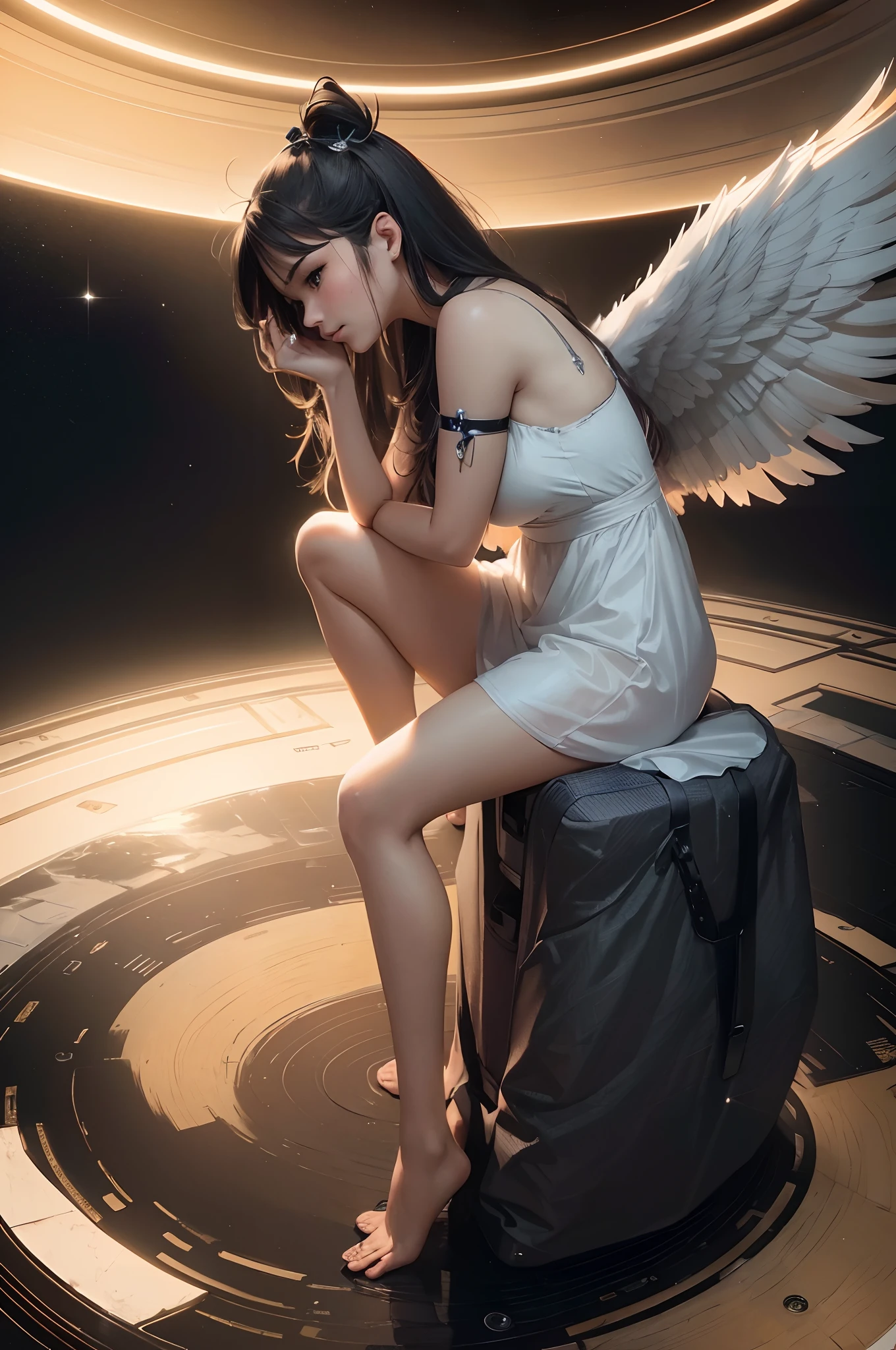 there is a woman sitting on a suitcase with an angel wings on her, beautiful cyborg angel girl, beautiful female angel, beautiful angel, angel girl, of beautiful angel, of an beautiful angel girl, wearing angel, beautiful angel girl portrait, full - body majestic angel, girl with angel wings, angelic wings on her back, super wide angel, winged girl angel