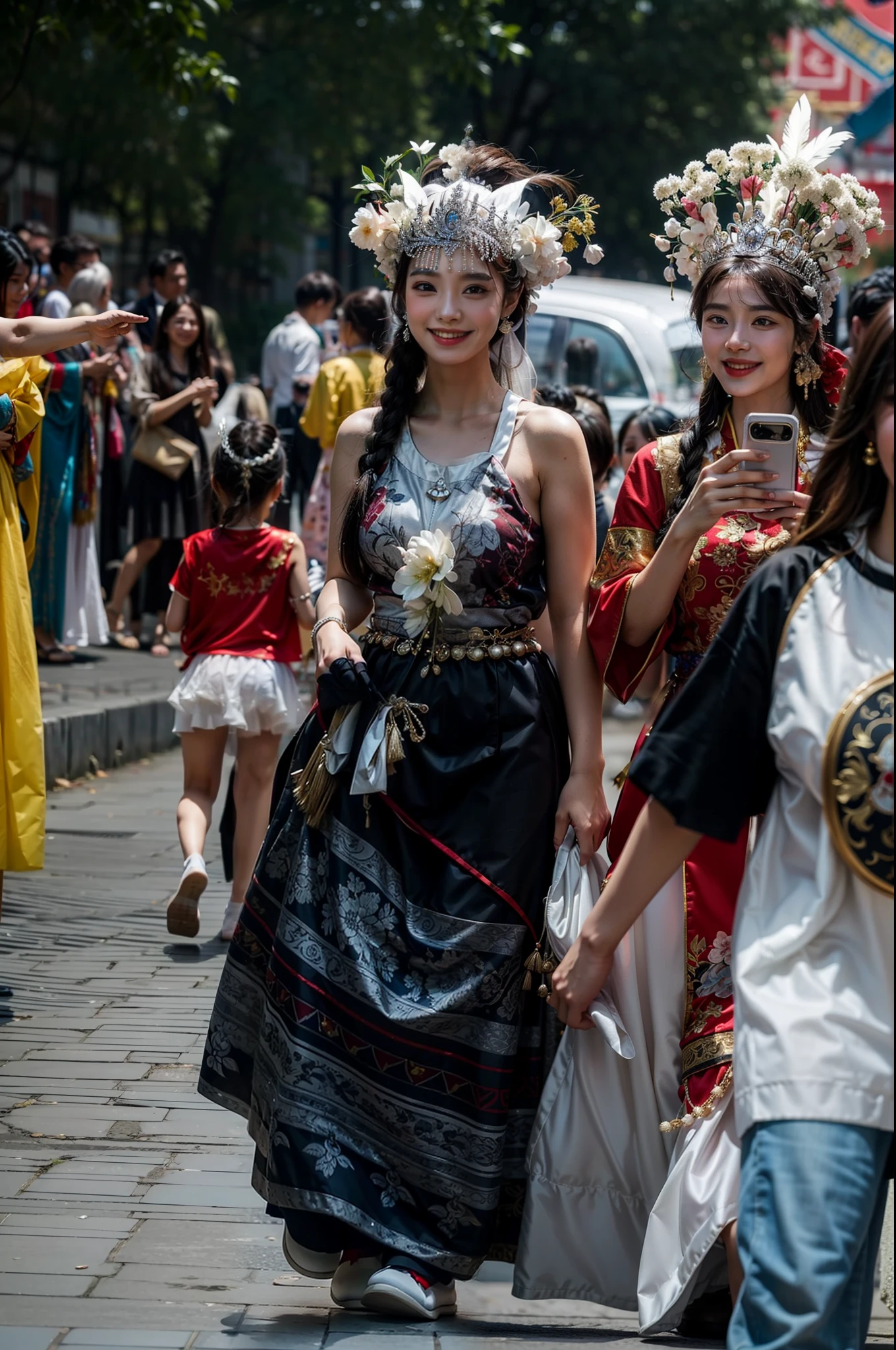 2 girls，smiling and looking into the camera，Wear traditional Yi costumes，Silver tiara，opulent，8K，tmasterpiece，