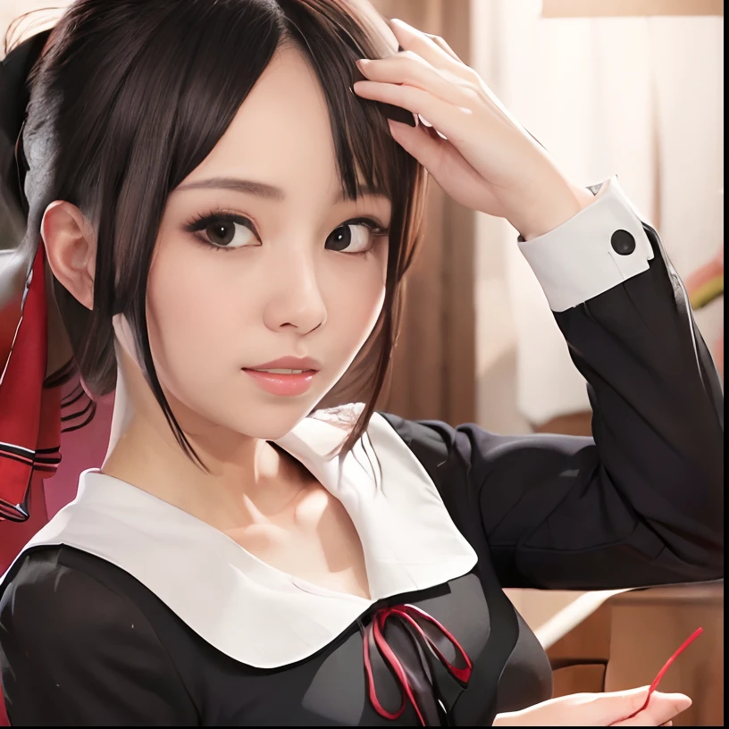 (Photorealsitic:1.4), Neckline up, An ultra-high picture quality, gently smiling, Kaguya-sama wants to let you know, Kaguya Shinomiya, Girl wearing red ribbon and holding triangle, Black uniform with white collar and red ribbon on chest