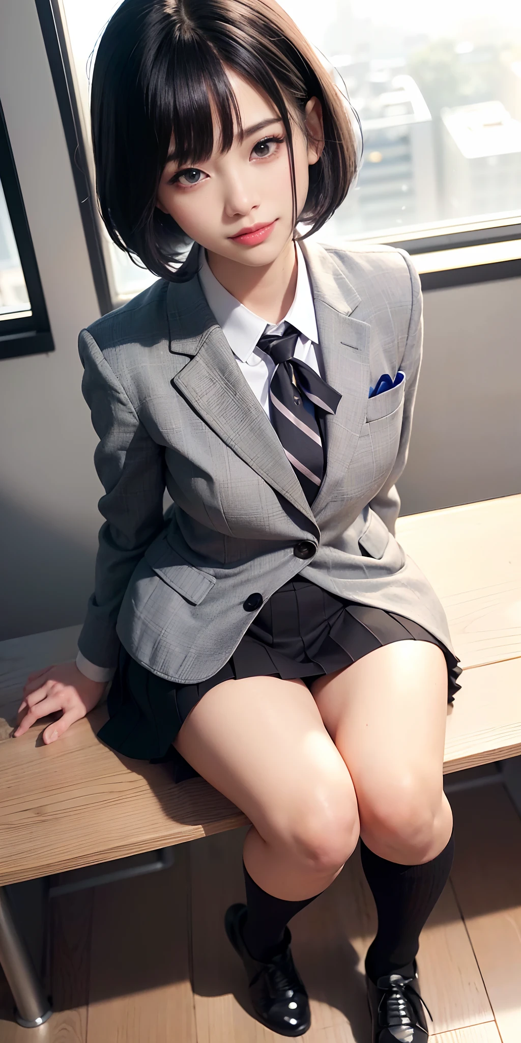 (((professional: Step by step, taking into account even the smallest detail, God-level final result))):, "realistic woman, (Mikasa Akerman), 18 years old, (gray blazer, ribbon, 50% of folded miniskirt, thigh-high socks, private school uniform), high school classroom, beautiful detail in the eyes, light on the face, ((full body)), especially strong light, (detailed eyes, smile), white skin , (((detailed black hair, bob hair: 1.2))), (thick thighs), ulzzang-6500-v1.1: 0.2, bashful, (flash: 1.2), NSFW, ((seductive posture, attractive)), (sitting at a desk), ((good anatomy)), ((bright and hot classroom, blurred background)), perfect face, cute and symmetrical face, (High Angle Shot: 1.2)s., Natural side lighting, (( 8k, RAW photos, superior quality, masterpieces), High Definition RAW color photos professional close-up photos, (realistic, photorealism: 1.37), (highest quality), (best shadows), (best illustrations), Clavicles ((large )), ((erotic, sexy, ultra-high-resolution, 8K HD Unified CG Wallpapers, Physical representation, movie lighting), Canon EOS R50 camera 50mm lens"