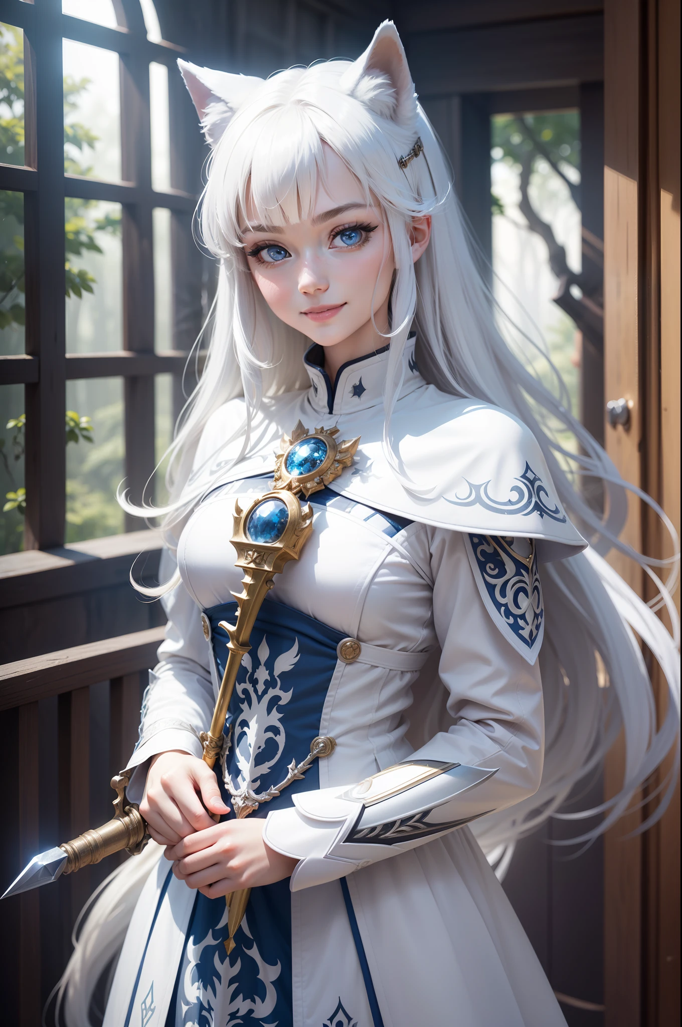 Bright and refreshing space、White is the key.、Smiling kindly、peaceful、Tiere、Not a person、unmanned、in woods、White Wolf、cyborgs、Metal Wolf、Have a beautiful sword、Shining blue eyes、1bolt、(intricate-detail)、nffsw、(intricate-detail、ultra-detailliert:1.2)、Cinematic shots、vignettes、central,