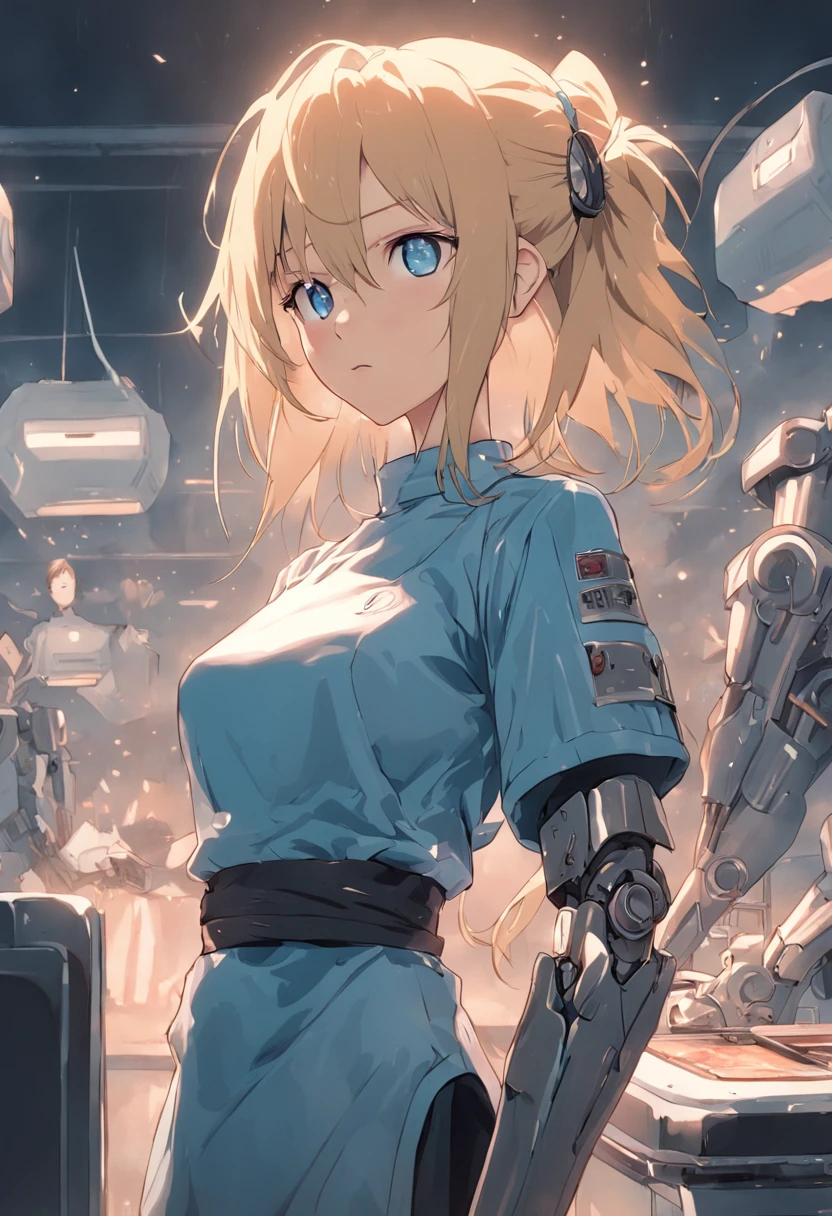 Robot woman, housewife, milf, apron, standing at attention, blonde hair, blue eyes,