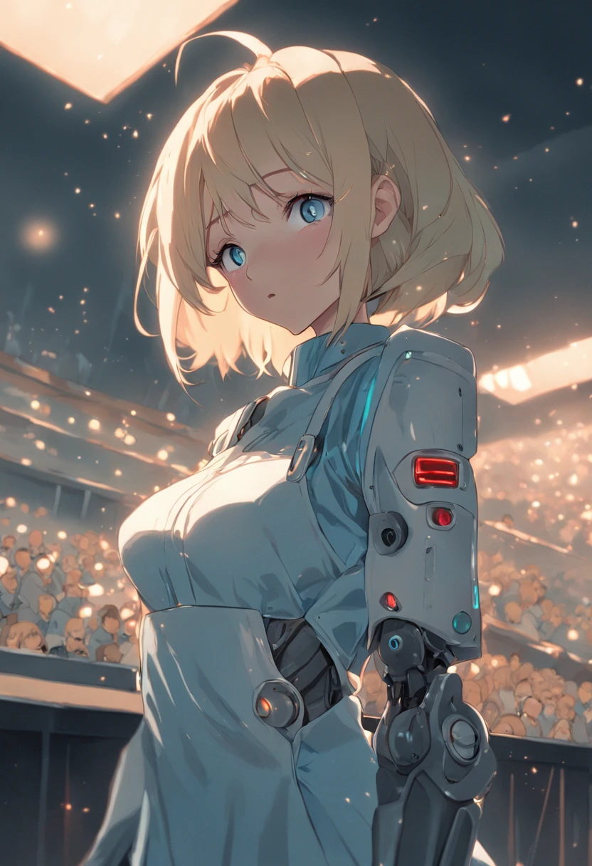 Robot woman, housewife, milf, apron, standing at attention, blonde hair, blue eyes,