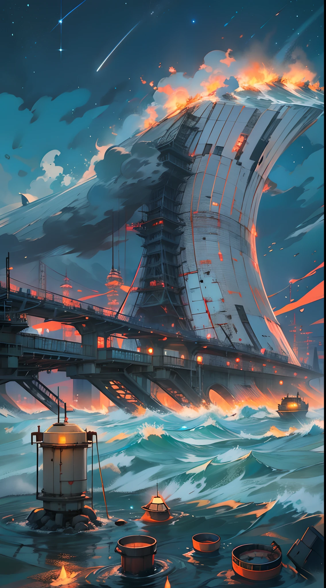 A scene where a massive amount of nuclear waste is poured into the Pacific Ocean, with the flag of Neon Country flying high in the background. People hurriedly build filtration outlets at the mouth of every river, trying to prevent the flow of radioactive seawater. ,in the style of the stars art group xing xing, 32k, best quality, masterpiece, super detail, high details